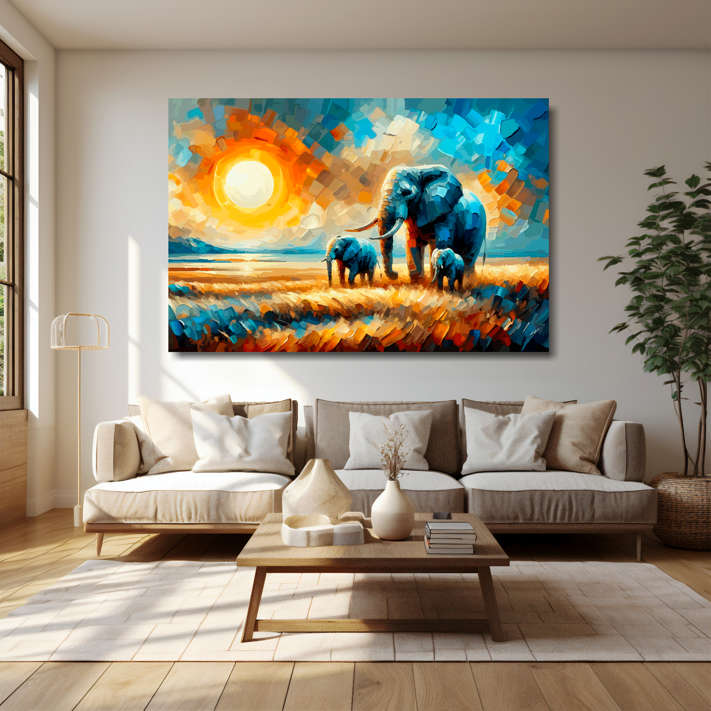60 inch by 40 inch abstract canvas print of an African Plains landscape featuring 3 Elephants. Mounted on a cream wall above a cream sofa with decorative pillows.