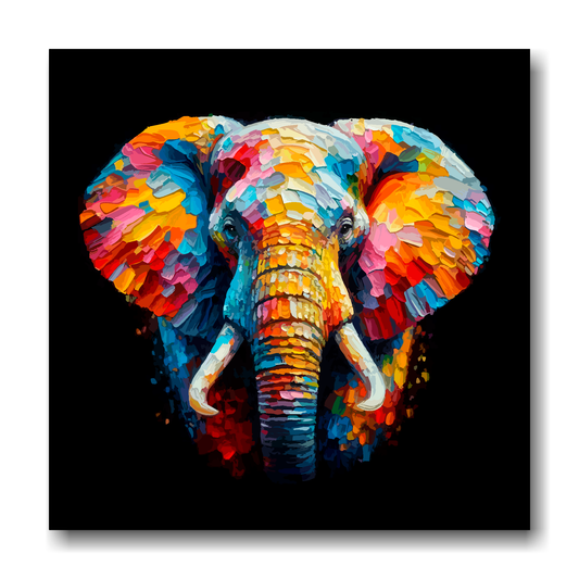 Large canvas wall art - A vibrant multi-coloured head portrait of an Elephant. Available in 3 large sizes.