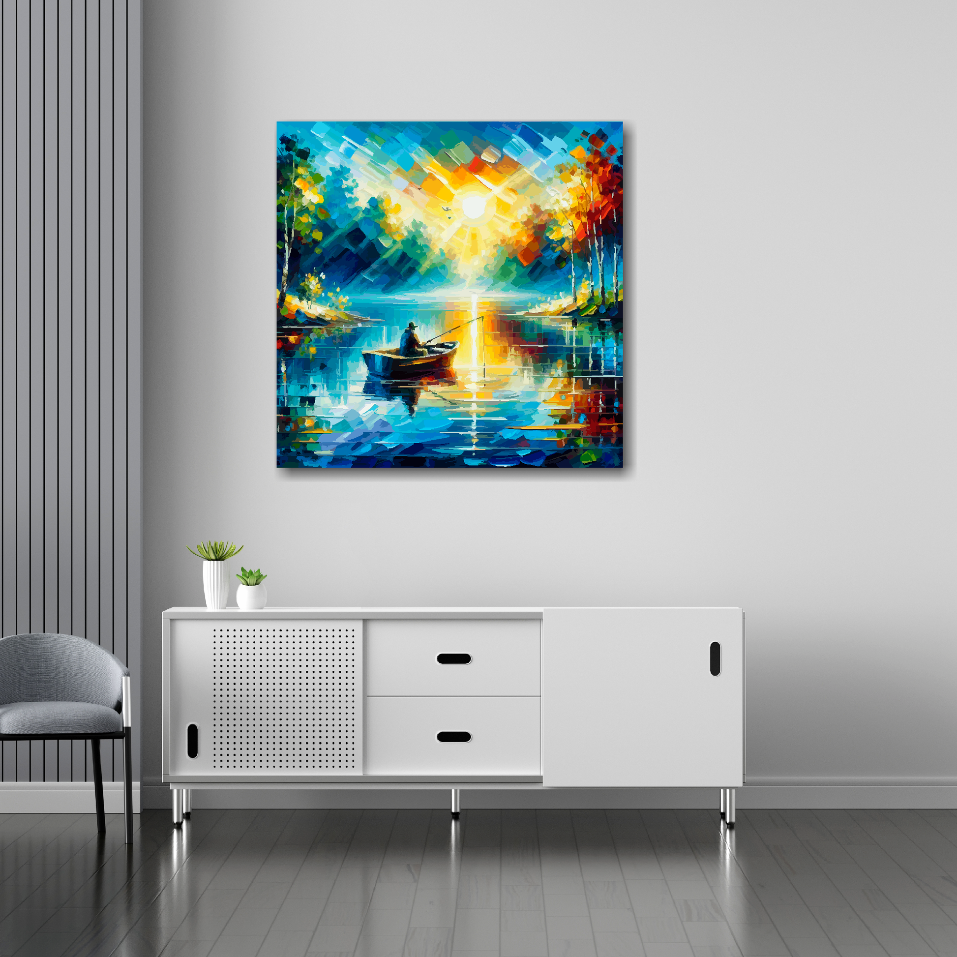 Enchanted lake canvas 30x30 inches above sideboard - large colourful landscape art UK made