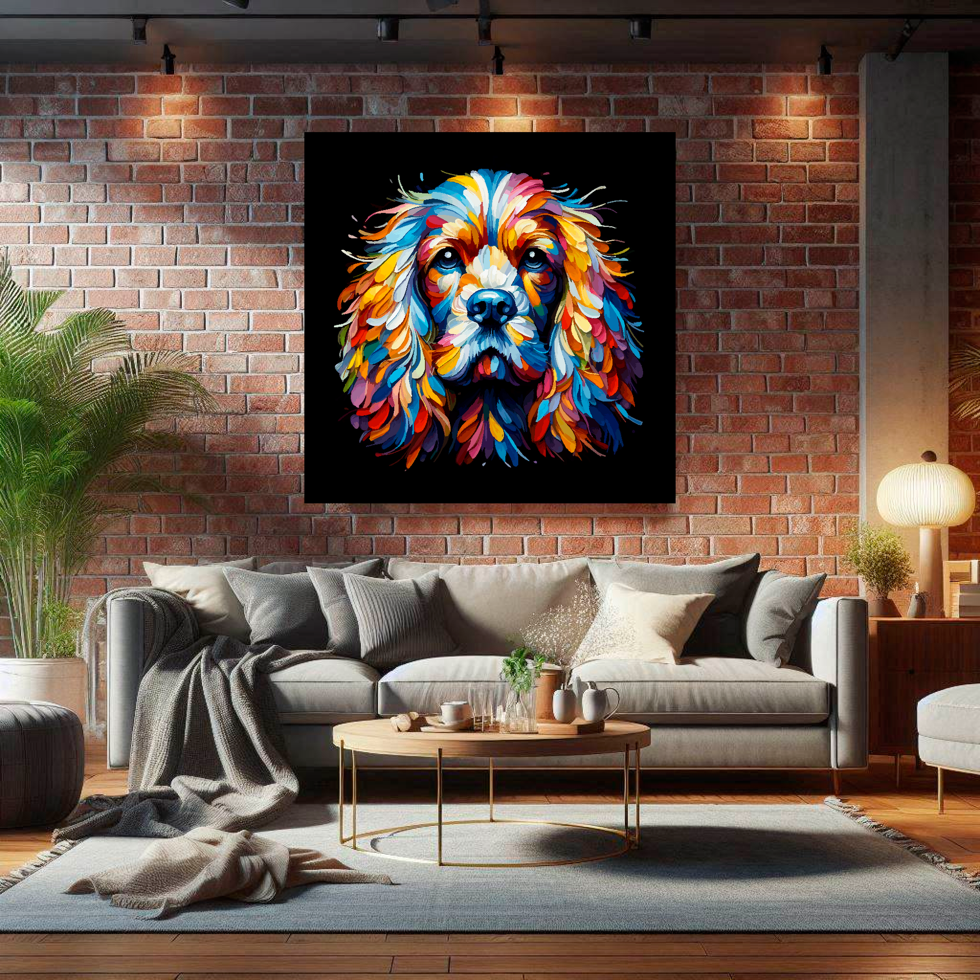 Large canvas wall art - A vibrant multi-coloured head portrait of a English Cocker Spaniel. Available in 3 large sizes.