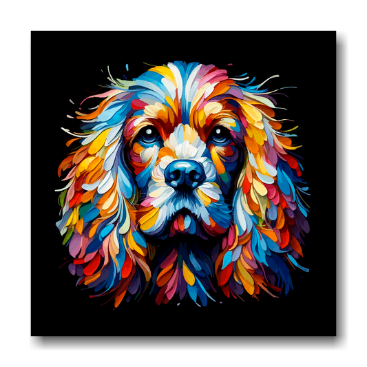 Large canvas wall art - A vibrant multi-coloured head portrait of a English Cocker Spaniel. Available in 3 large sizes.