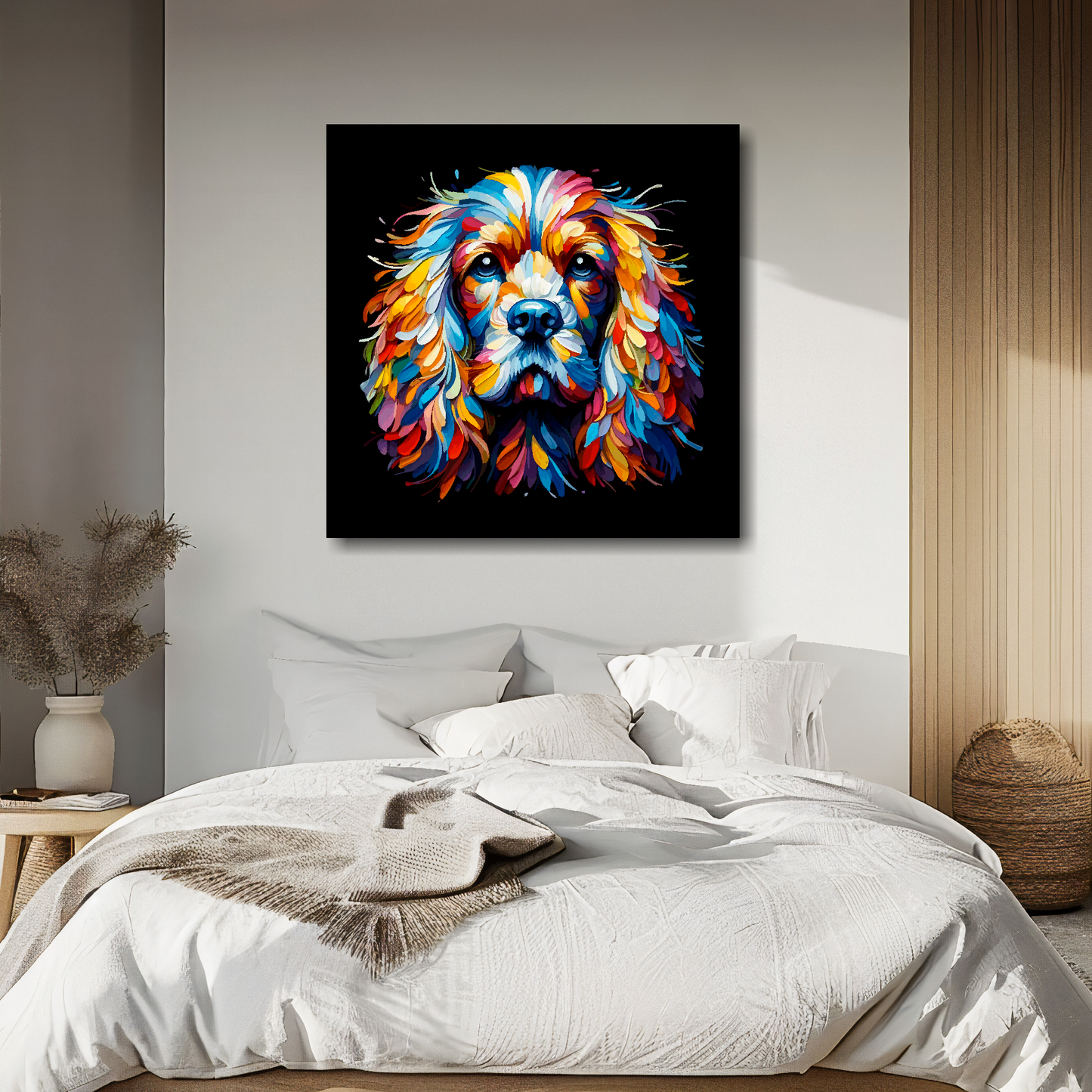Large canvas wall art - A vibrant multi-coloured head portrait of a English Cocker Spaniel. Available in 3 large sizes.