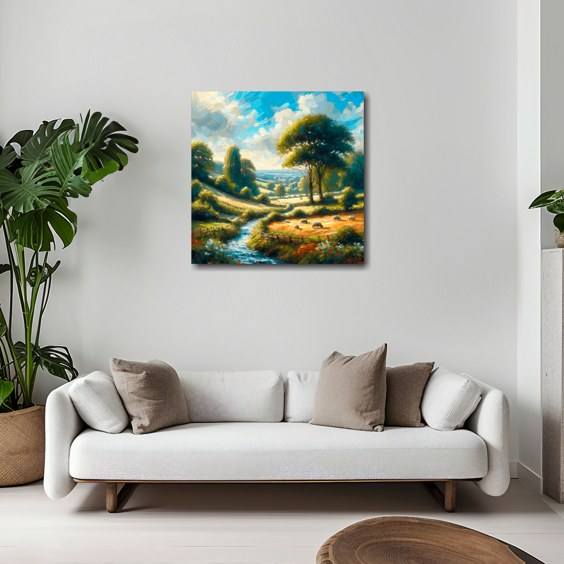 20 inch by 20 inch square canvas featuring a English countryside landscape. Mounted on a white wall above a white sofa with decorative pillows.