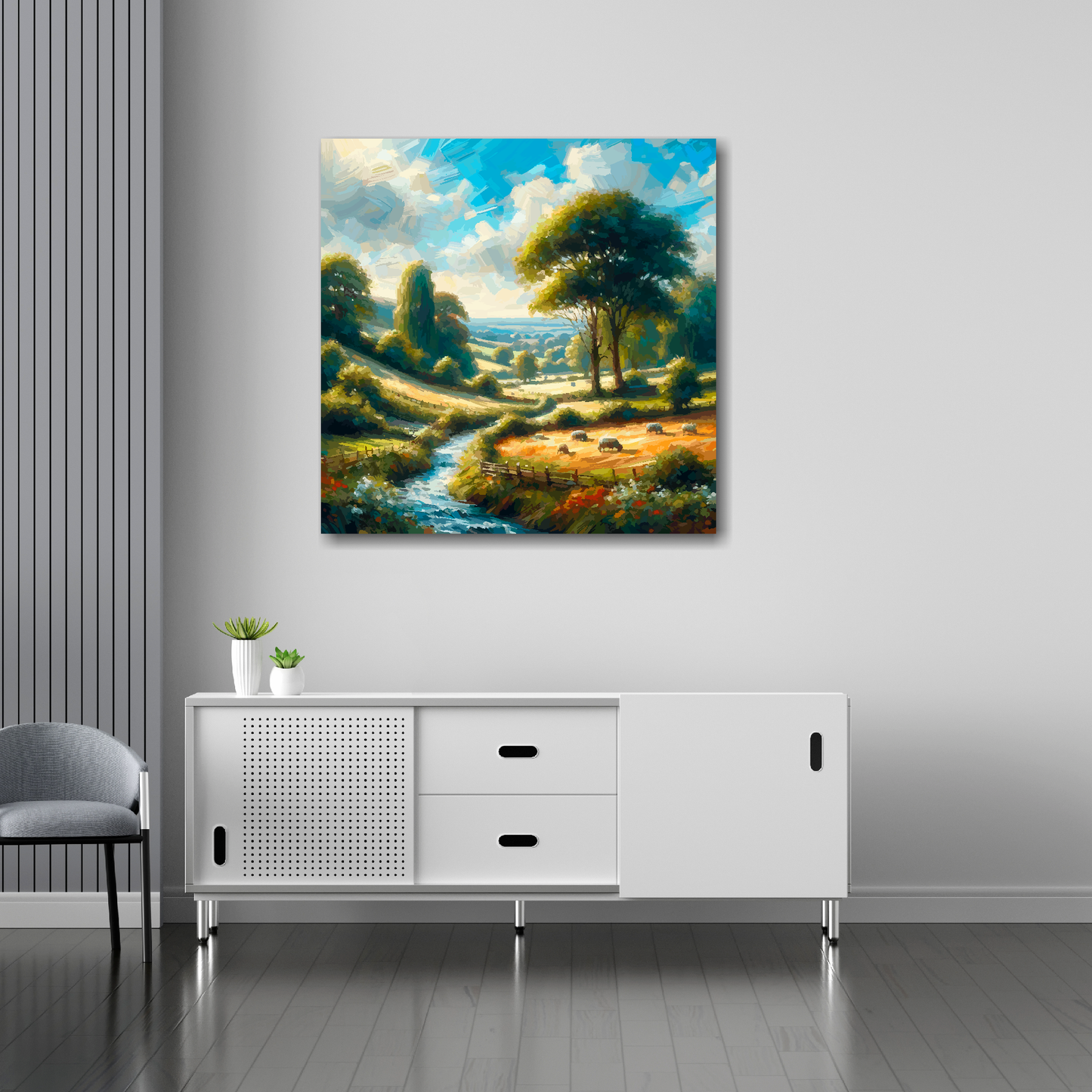 30 inch by 30 inch square canvas featuring a English countryside landscape. Mounted on a white wall above a white sideboard.