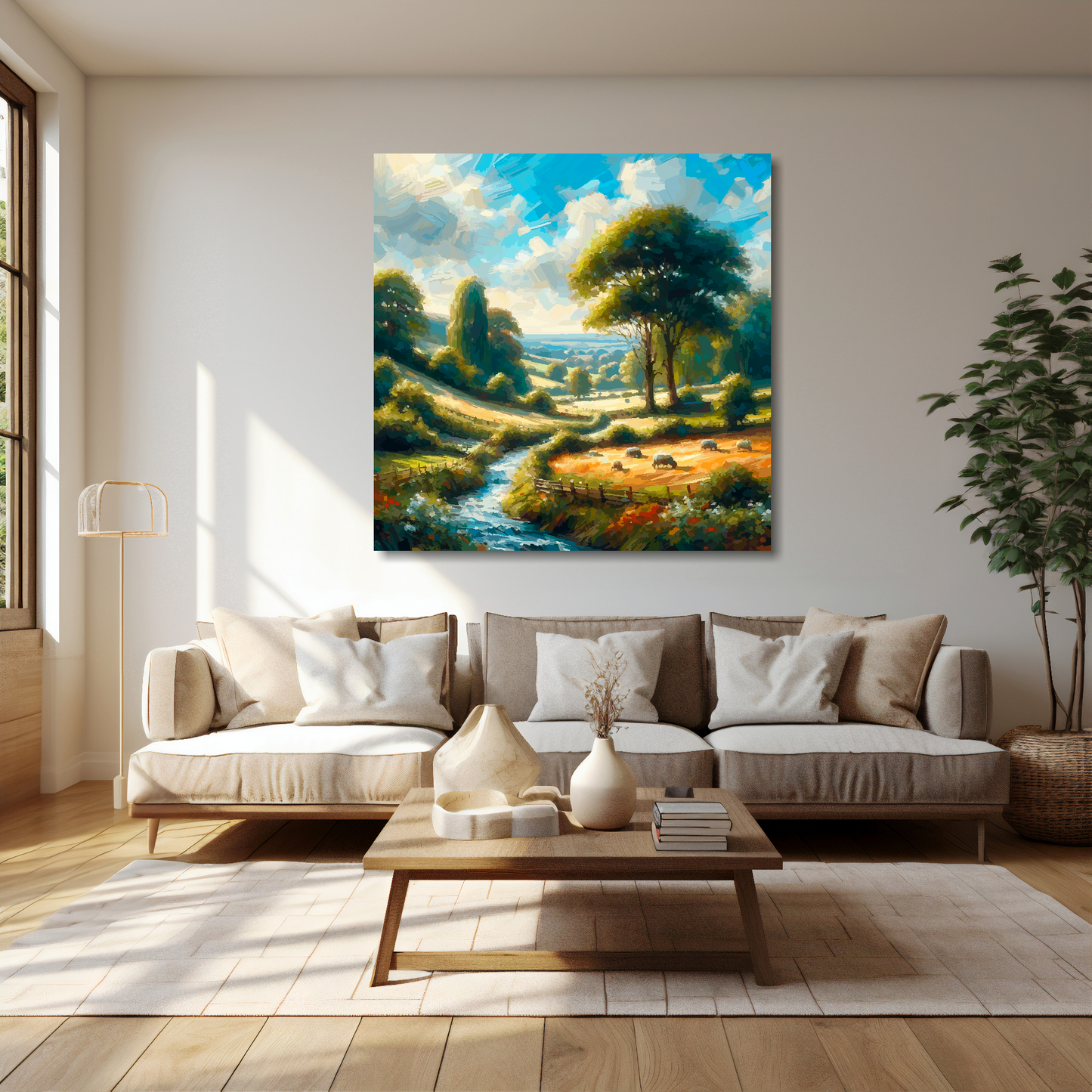 40 inch by 40 inch square canvas featuring a English countryside landscape. Mounted on a cream wall above a cream sofa with decorative pillows.