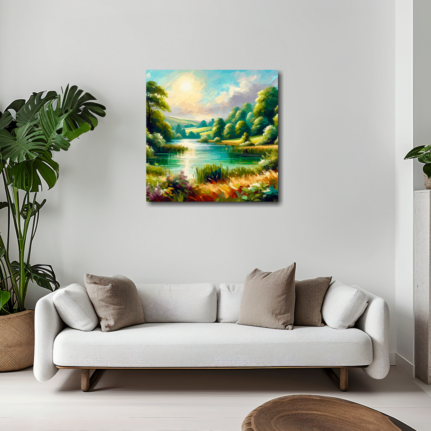 20 inch by 20 inch square canvas of a colourful English Lake landscape. Mounted on a white wall above a white sofa with decorative pillows.
