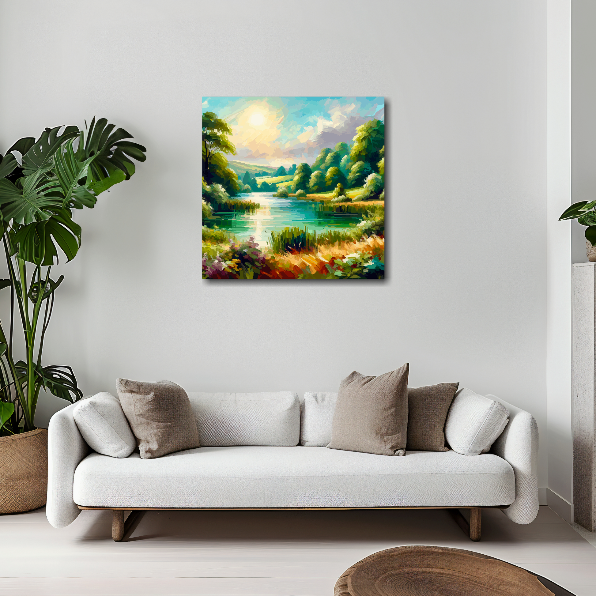 20 inch by 20 inch square canvas of a colourful English Lake landscape. Mounted on a white wall above a white sofa with decorative pillows.