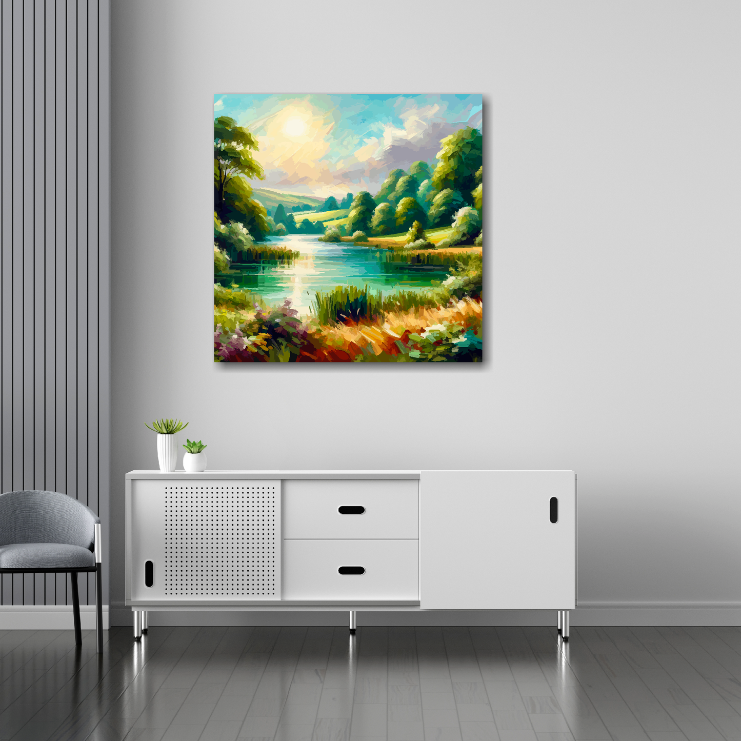30 inch by 30 inch square canvas of a colourful English Lake landscape. Mounted on a white wall above a white sideboard.