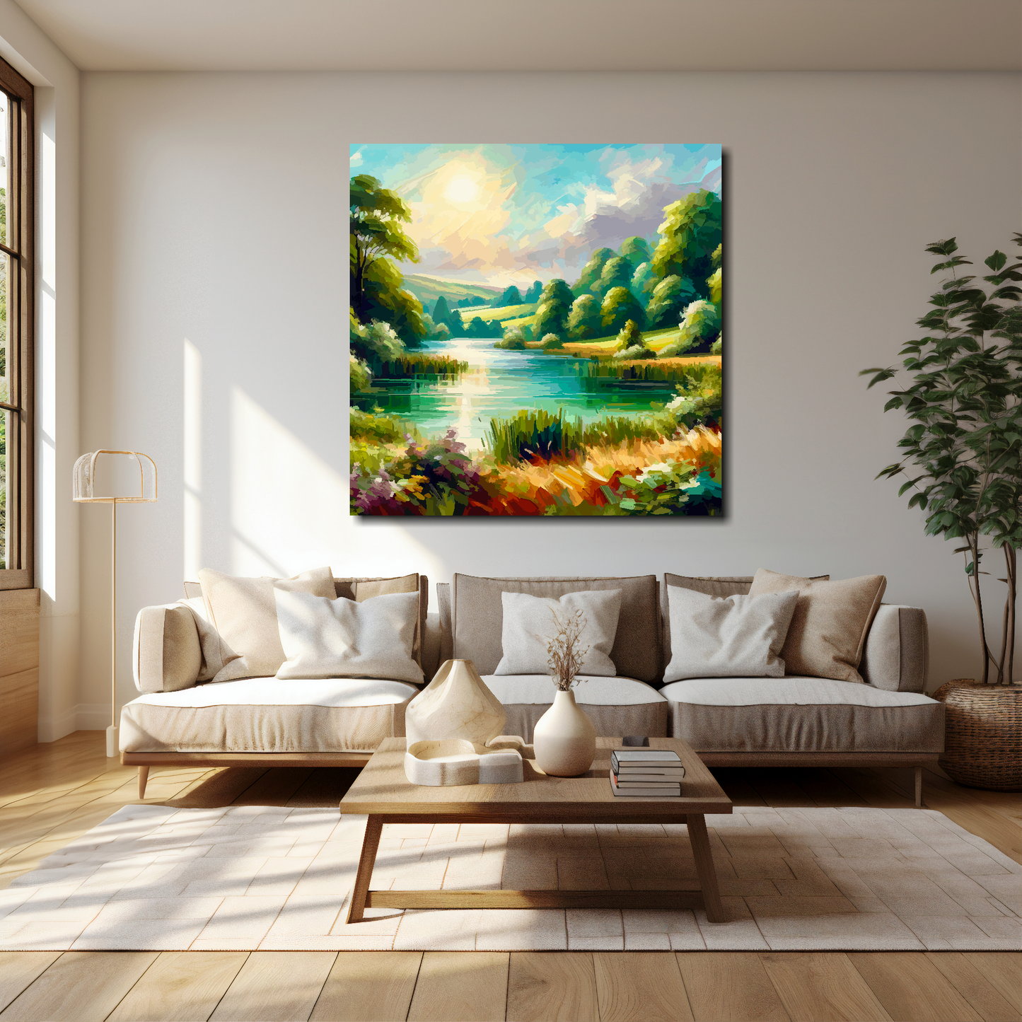 40 inch by 40 inch square canvas of a colourful English Lake landscape. Mounted on a white wall above a cream sofa with decorative pillows.