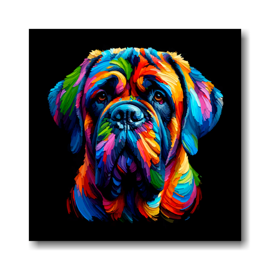 Colourful abstract head painting of a English Mastiff on a black background.