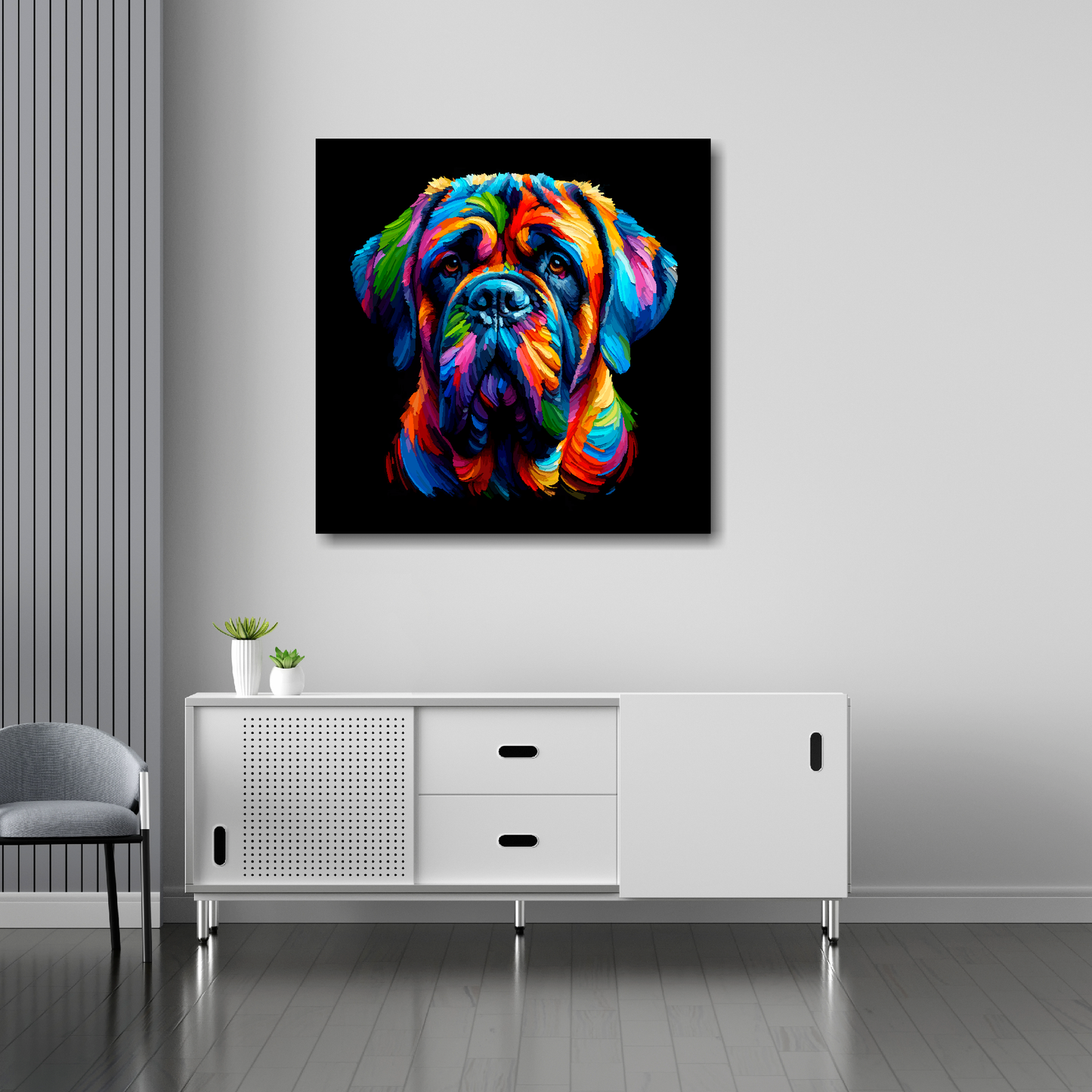 30 inch by 30 inch square canvas of a colourful English Mastiff head portrait on a black background. Mounted on a white wall above a white sideboard.