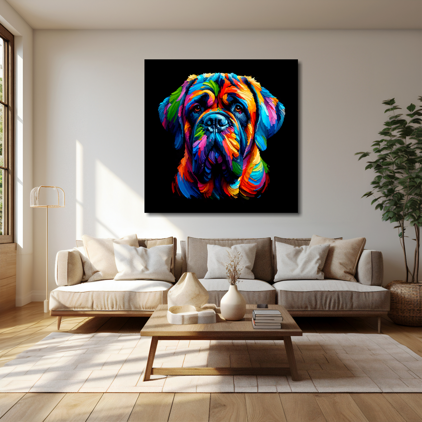40 inch by 40 inch square canvas of a colourful English Mastiff head portrait on a black background. Mounted on a cream wall above a cream sofa with decorative pillows.