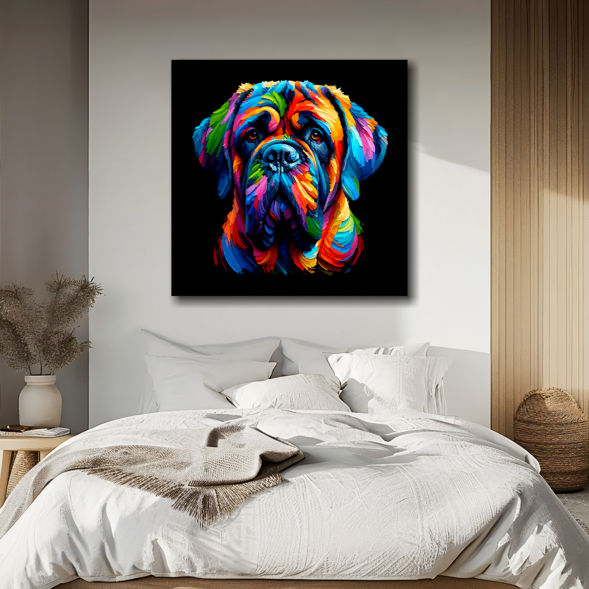 Large canvas of a colourful English Mastiff head portrait on a black background. Mounted on a cream wall above a double bed.