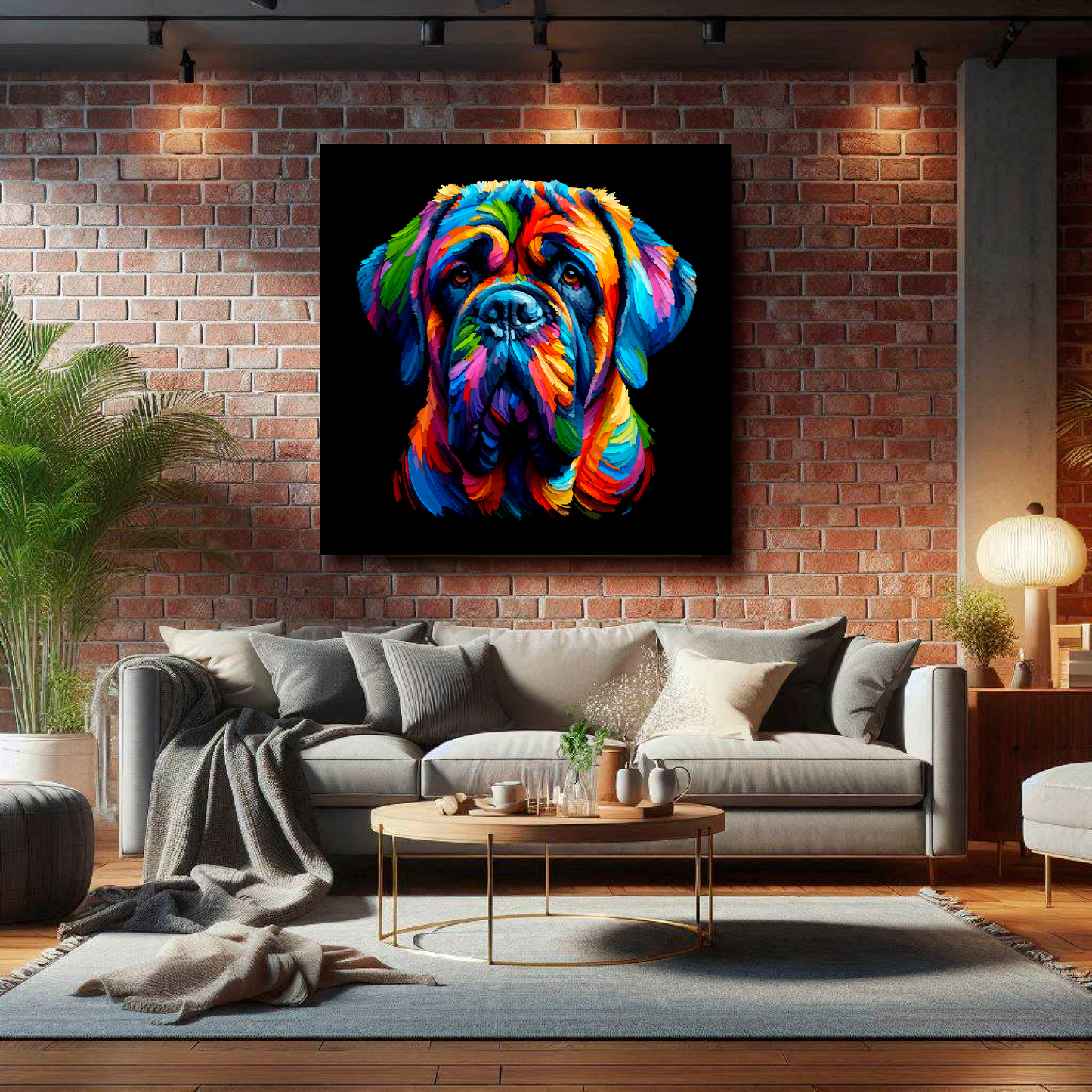 Huge square canvas of a colourful English Mastiff head portrait on a black background. Mounted on a lounge brick wall above a grey sofa with decorative pillows.
