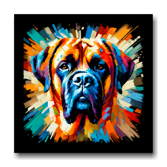 Large canvas wall art - A vibrant multi-coloured head portrait of a English Mastiff. Available in 3 large sizes.
