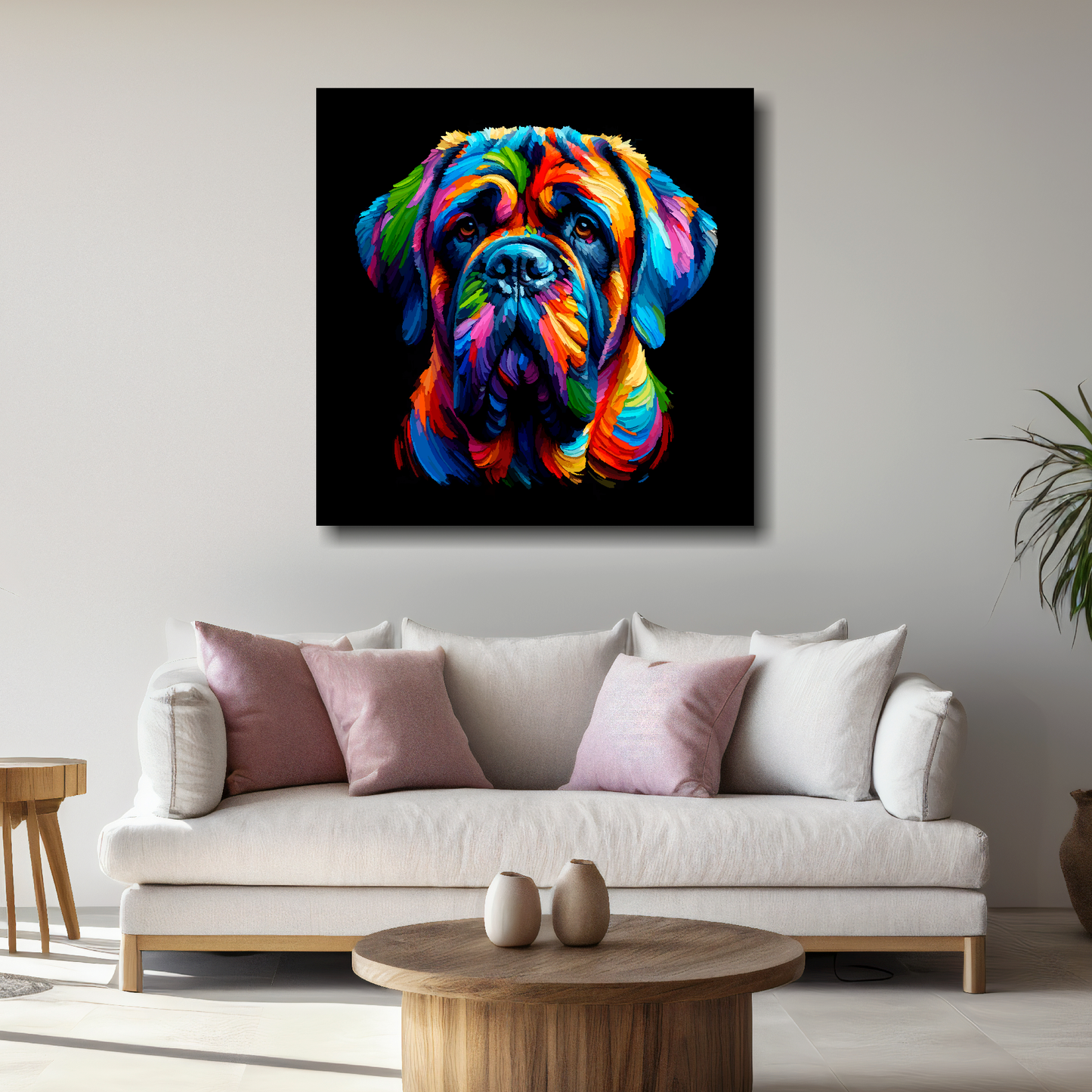 Large square canvas of a colourful English Mastiff head portrait on a black background. Mounted on a white wall above a white sofa with decorative pillows.