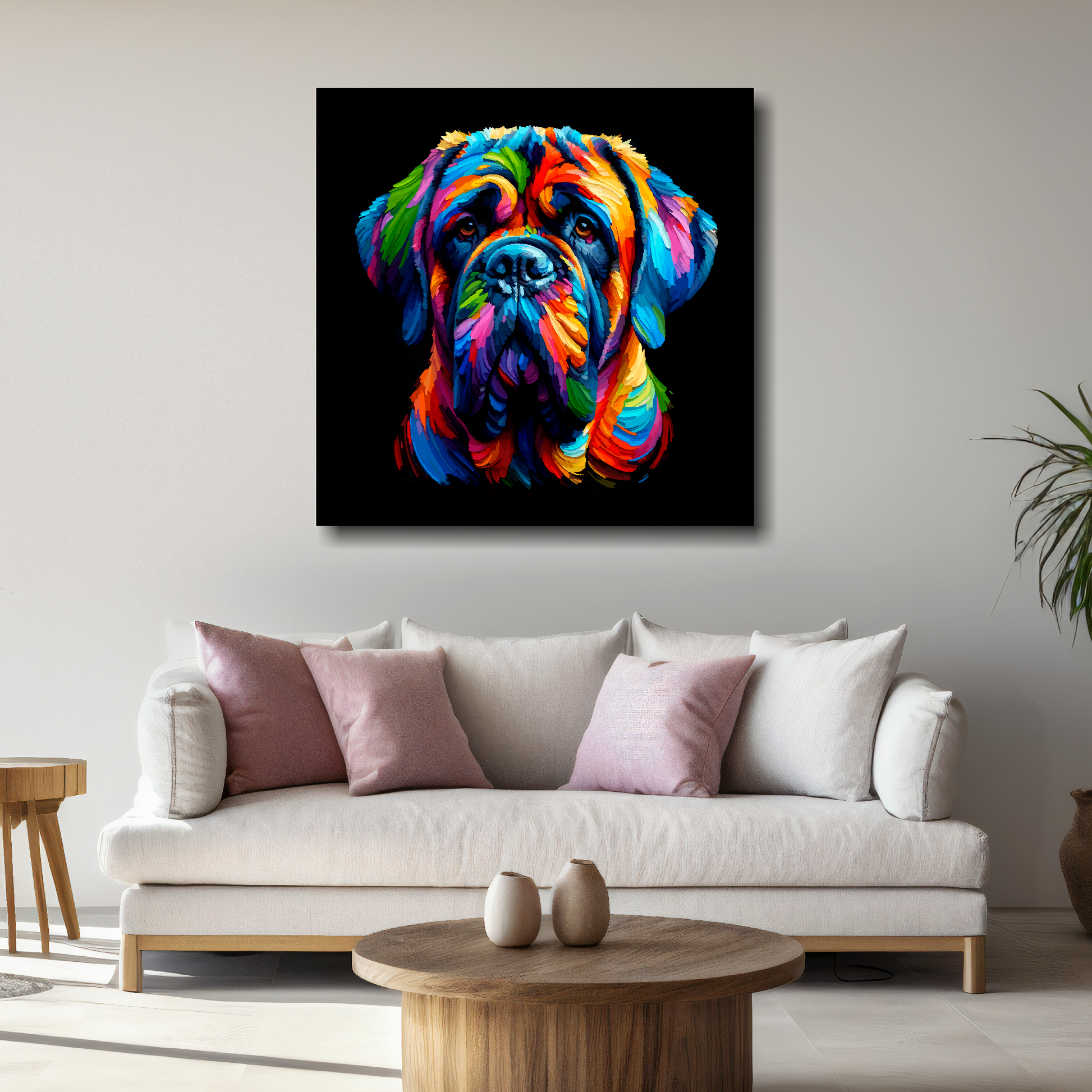 Large square canvas of a colourful English Mastiff head portrait on a black background. Mounted on a white wall above a white sofa with decorative pillows.
