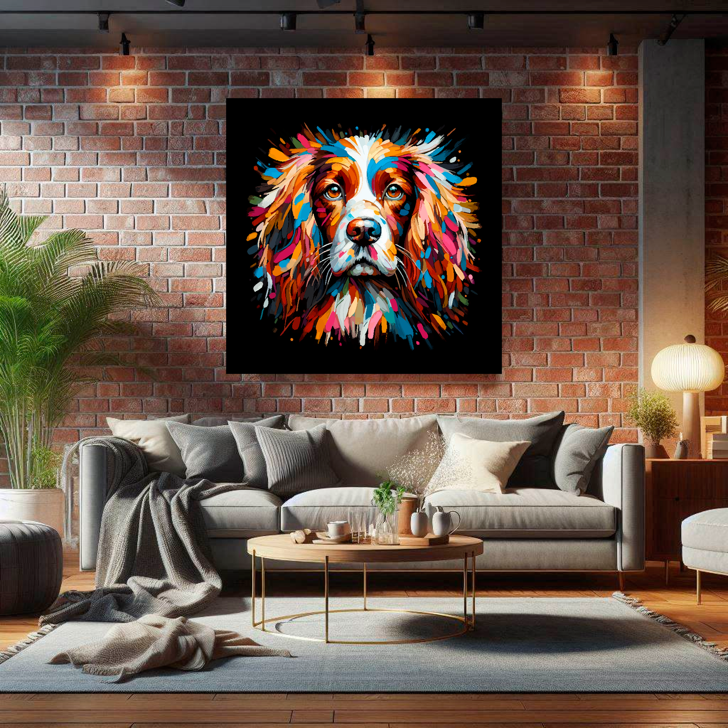 Large canvas wall art - A vibrant multi-coloured head portrait of a English Springer Spaniel. Available in 3 large sizes.