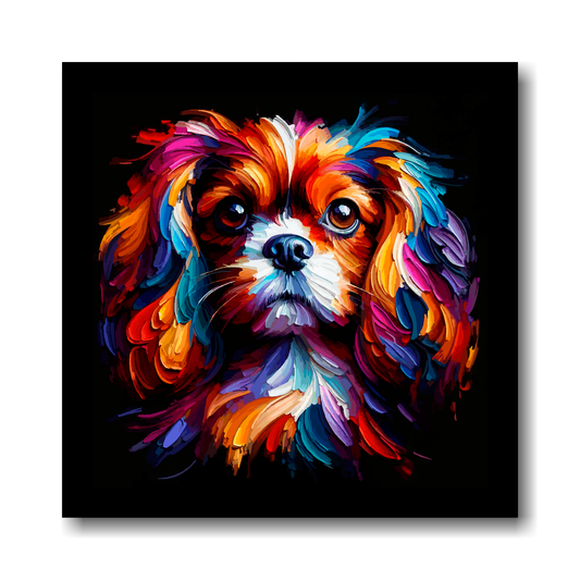 Colourful painting of a English Toy Spaniel's face on a black background.