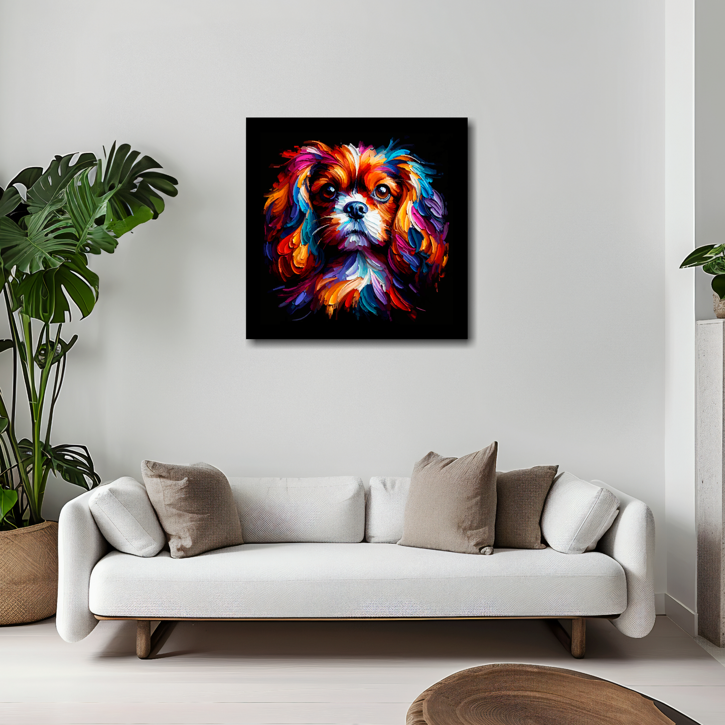 20 inch by 20 inch square canvas featuring a multi-coloured English Toy Spaniel dog portrait. Mounted on a white wall above a white sofa with decorative pillows.