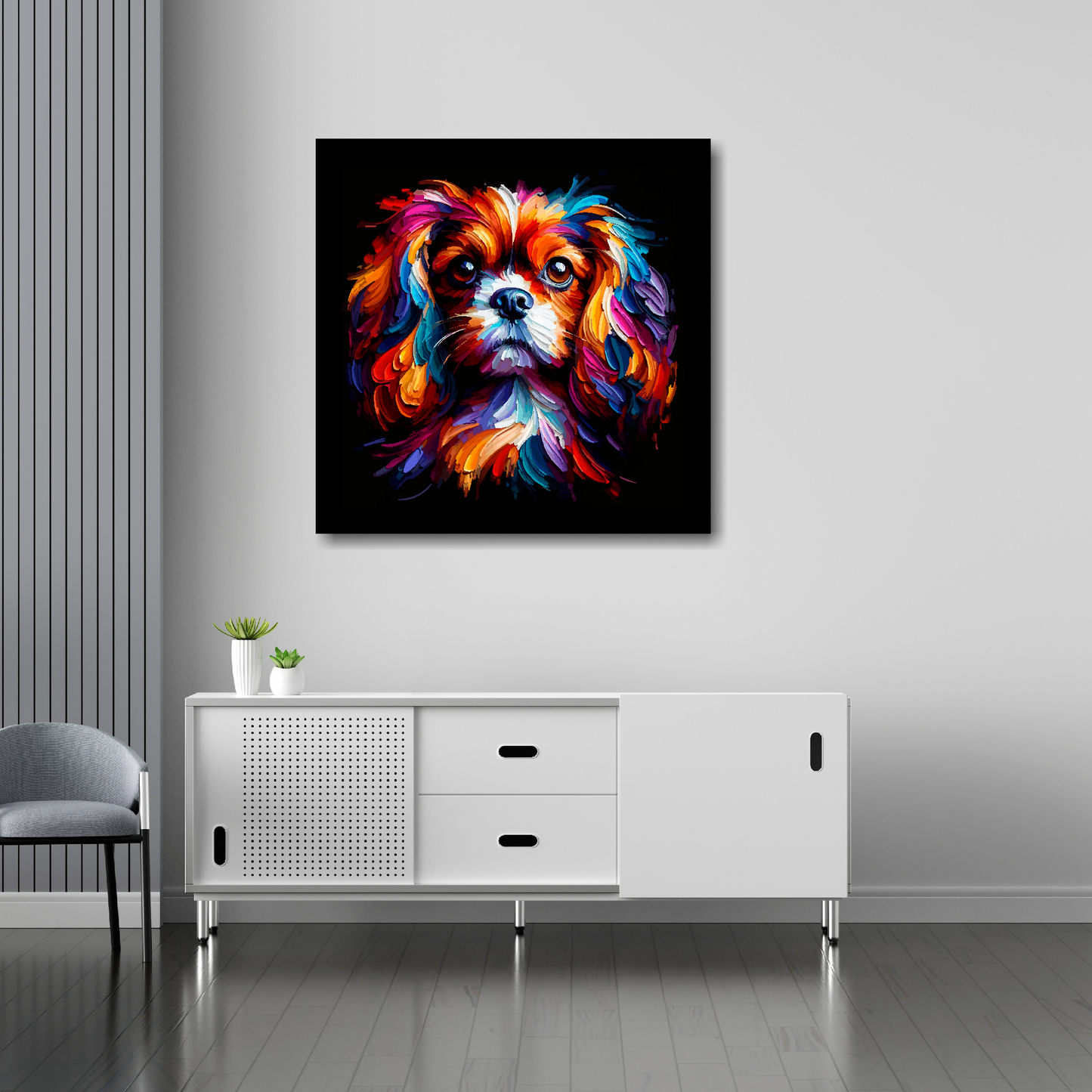 30 inch by 30 inch square canvas featuring a multi-coloured English Toy Spaniel dog portrait. Mounted on a white wall above a white sideboard.