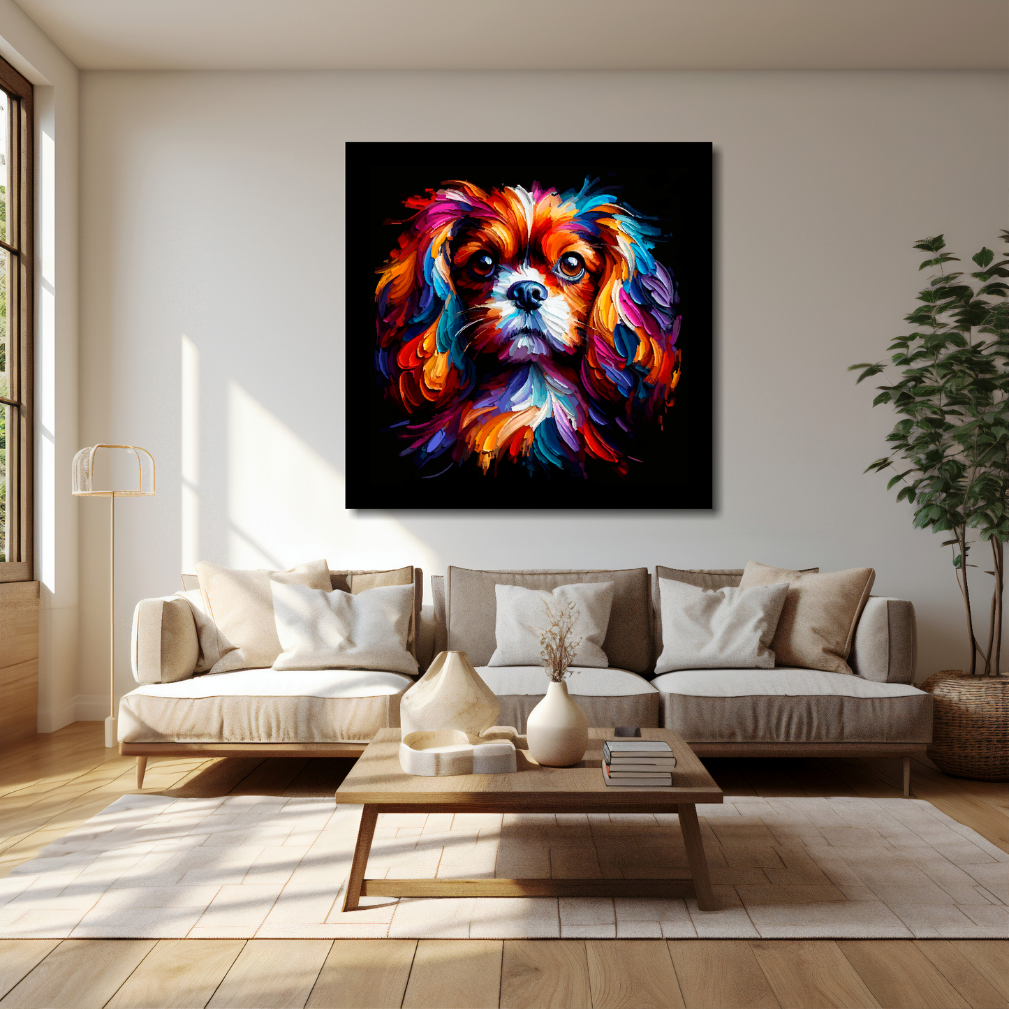 40 inch by 40 inch square canvas featuring a multi-coloured English Toy Spaniel dog portrait. Mounted on a cream wall above a cream sofa with decorative pillows.