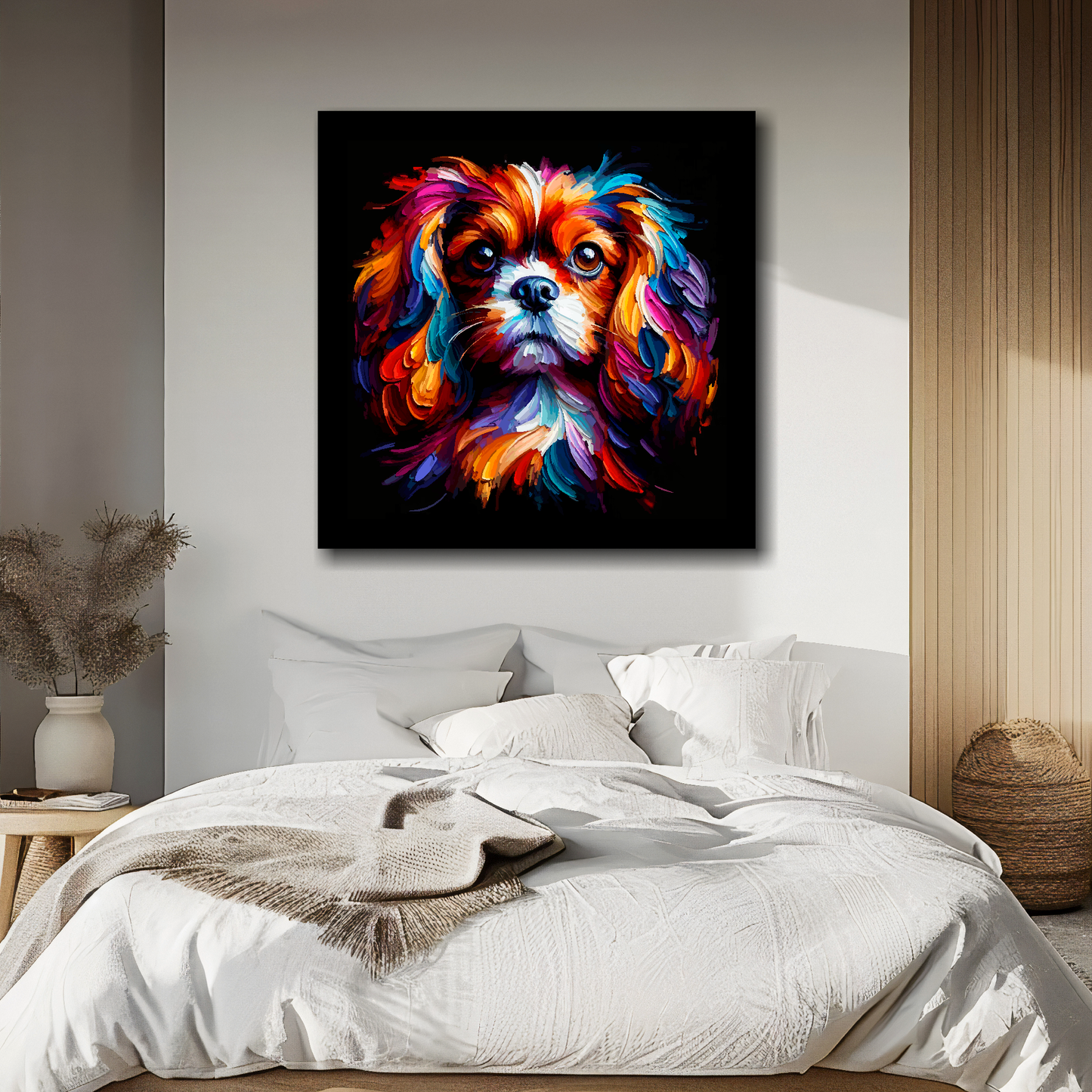 Square canvas featuring a multi-coloured English Toy Spaniel dog portrait. Mounted on a white wall above a double bed.