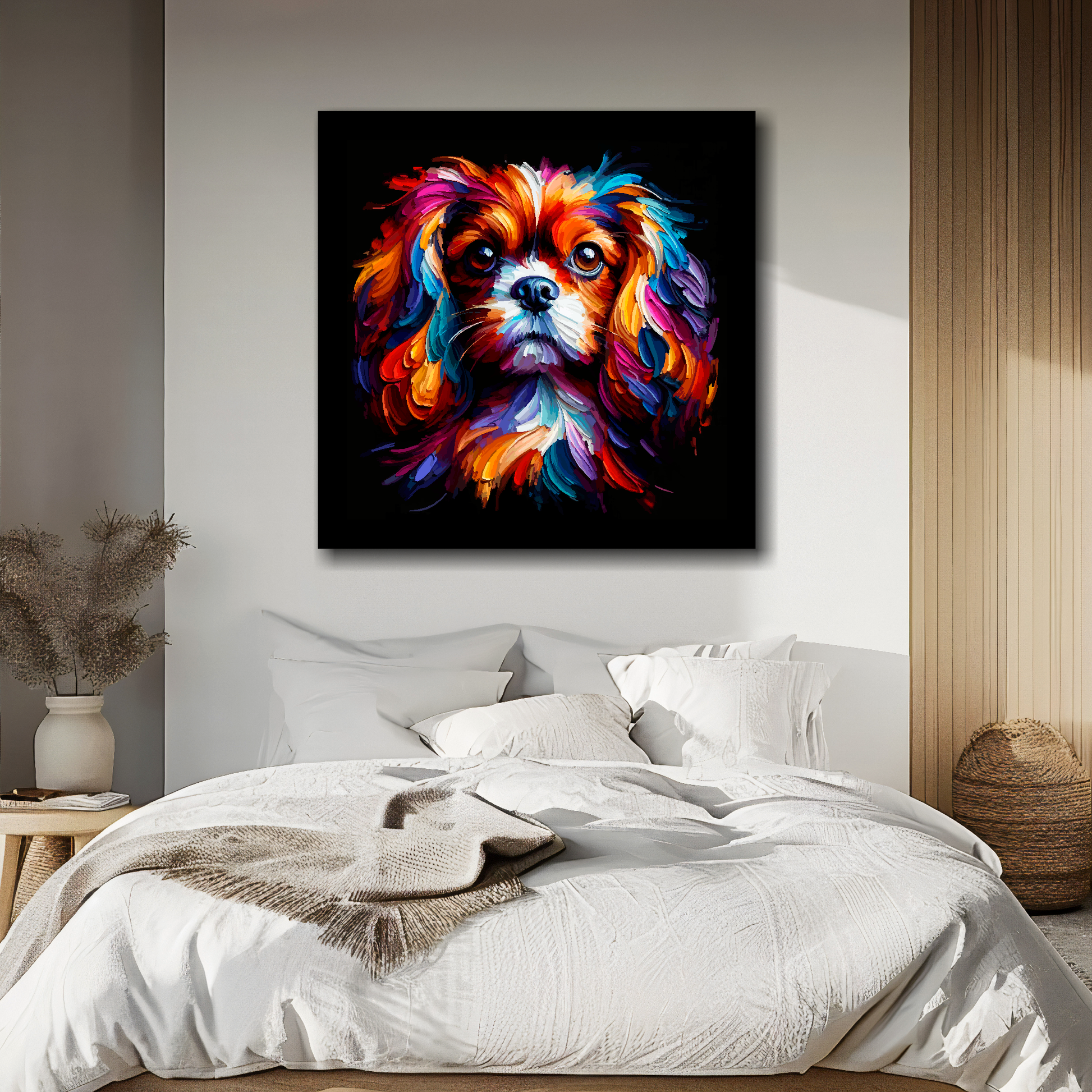 Square canvas featuring a multi-coloured English Toy Spaniel dog portrait. Mounted on a white wall above a double bed.