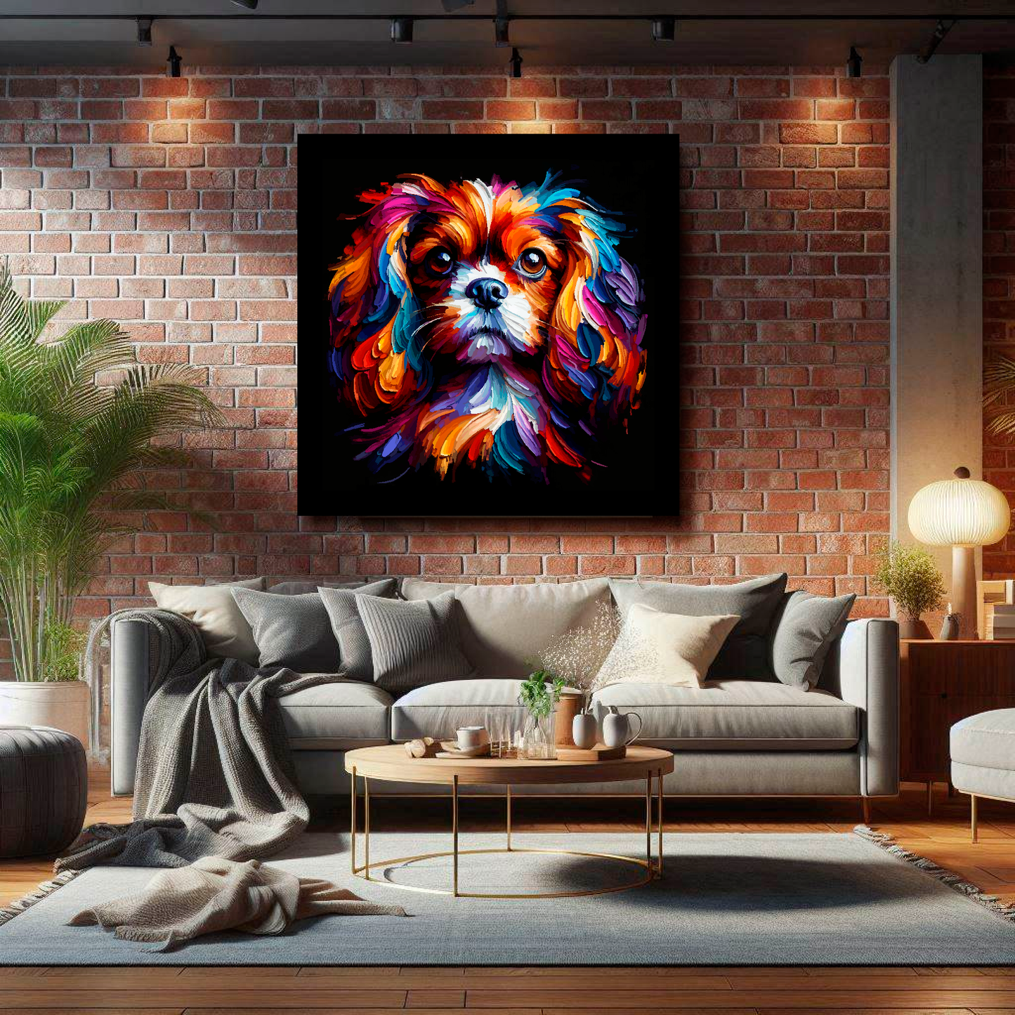 Large canvas featuring a multi-coloured English Toy Spaniel dog portrait. Mounted on a brick wall above a grey sofa with decorative pillows.