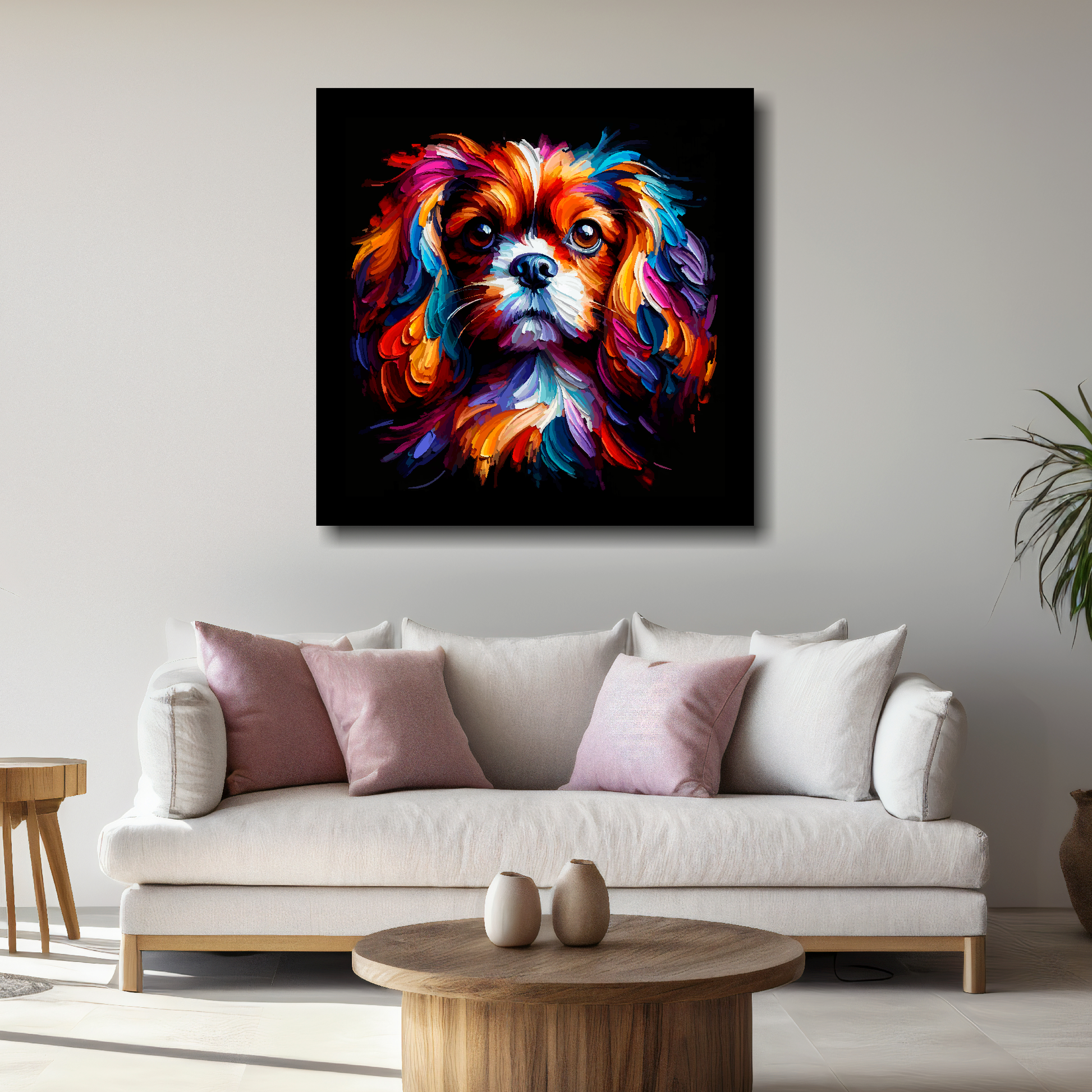 Large canvas featuring a multi-coloured English Toy Spaniel dog portrait. Mounted on a white wall above a white sofa with decorative pillows.