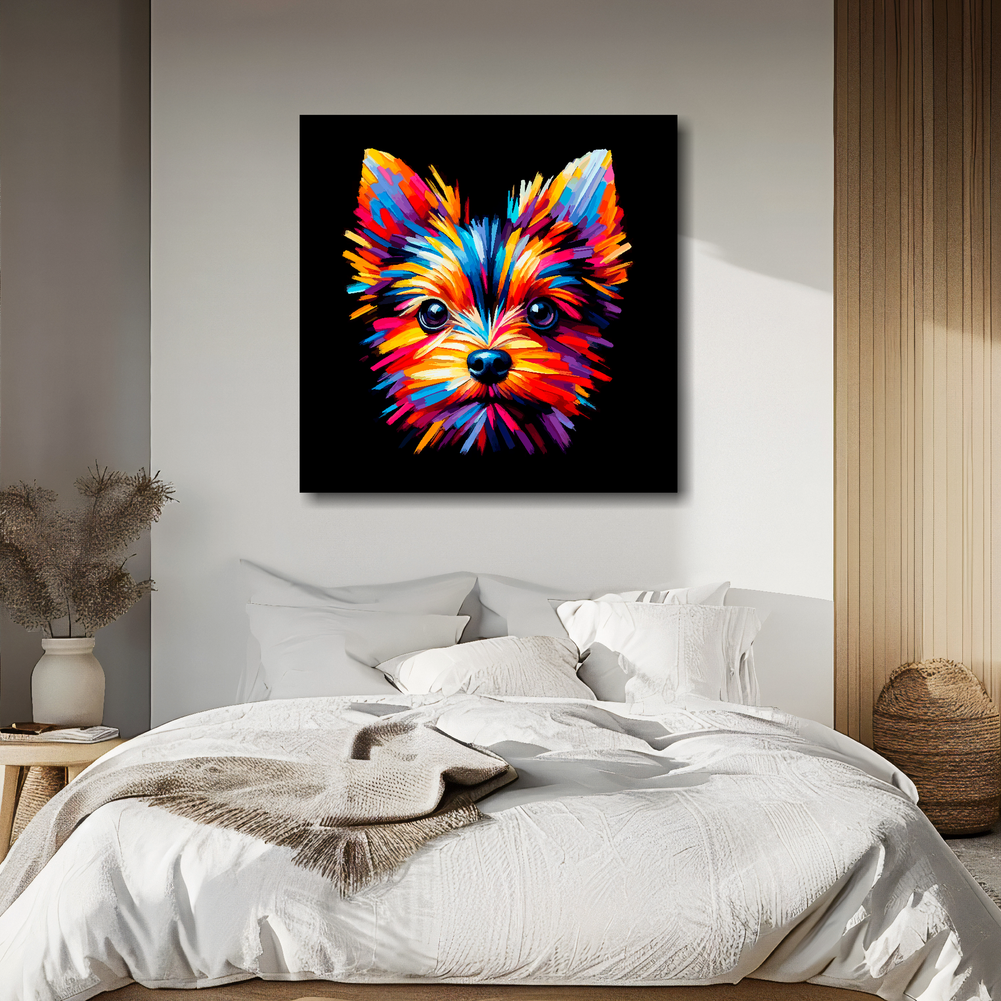 Large canvas wall art - A vibrant multi-coloured head portrait of a English Toy Terrier. Available in 3 large sizes.