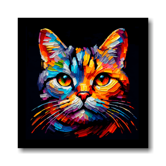Colourful painting of a European Shorthair cat's face on a black background.