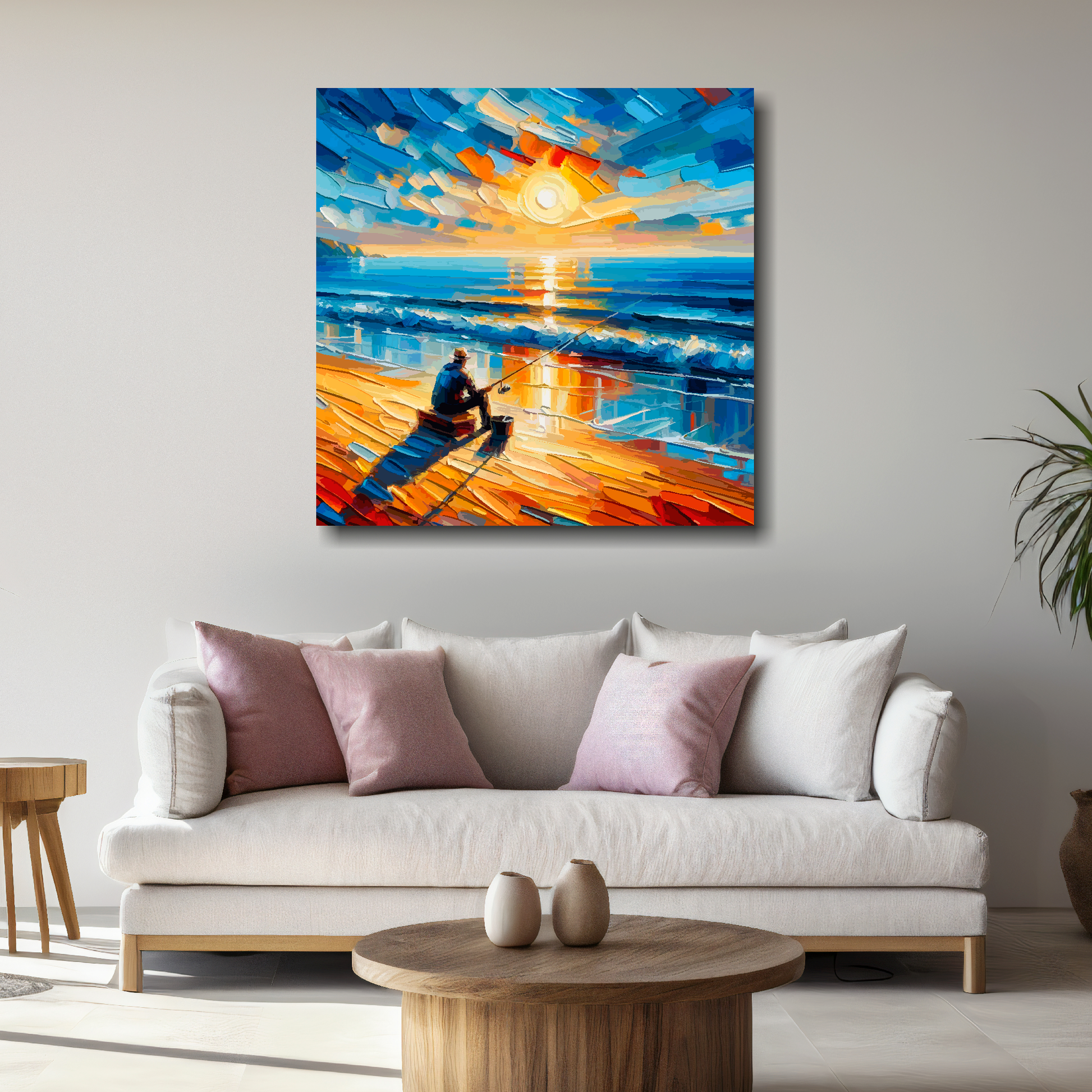 Square XL canvas featuring a lone angler on a sun setting beach. Mounted on a white wall above a white sofa with decorative pillows.
