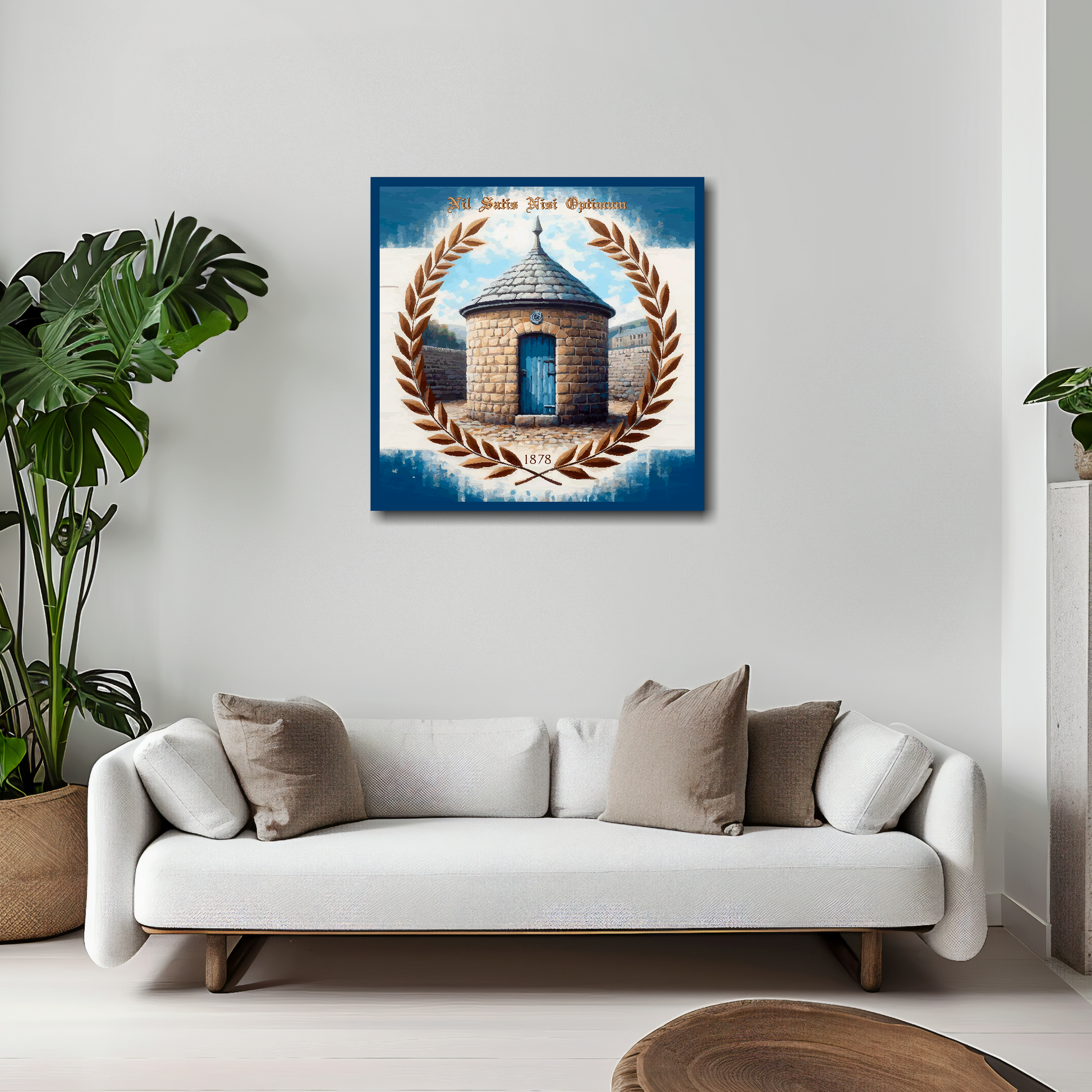 20 inch by 20 inch Everton FC inspired canvas, mounted on a living room wall above a white sofa, featuring prince Ruperts tower and Laurel wreath in club colours.