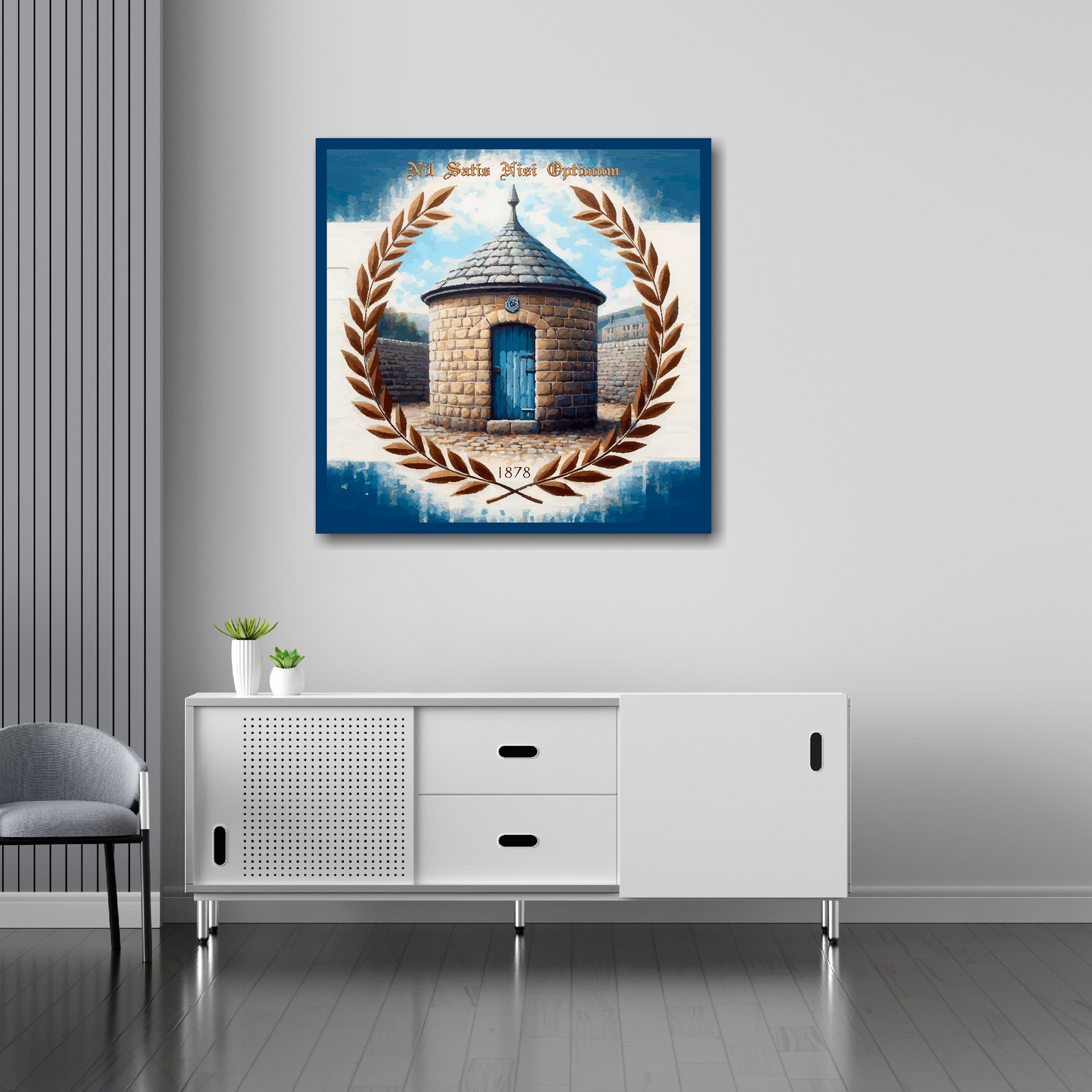 30 inch by 30 inch Everton FC inspired canvas, mounted on a living room wall above a white sideboard, featuring prince Ruperts tower and Laurel wreath in club colours.