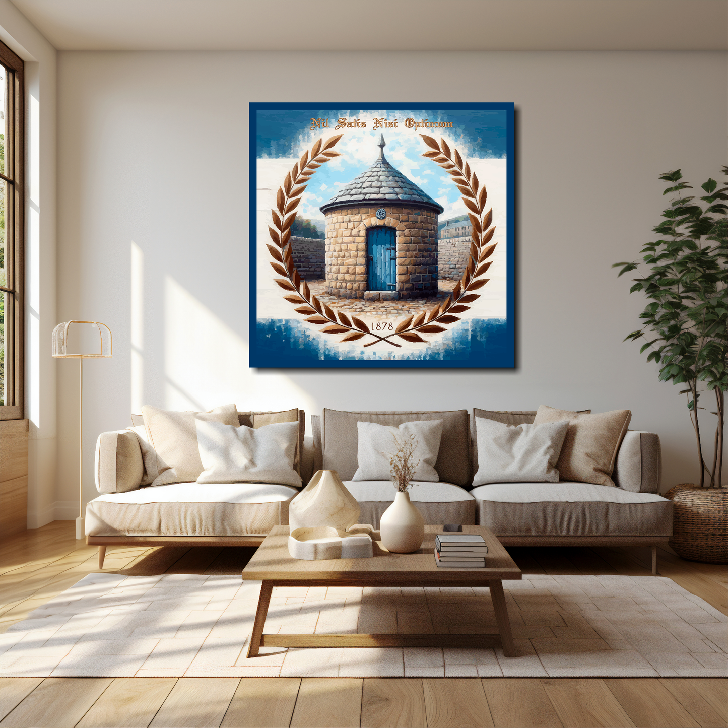 40 inch by 40 inch Everton FC inspired canvas, mounted on a living room wall above a cream sofa, featuring prince Ruperts tower and Laurel wreath in club colours.