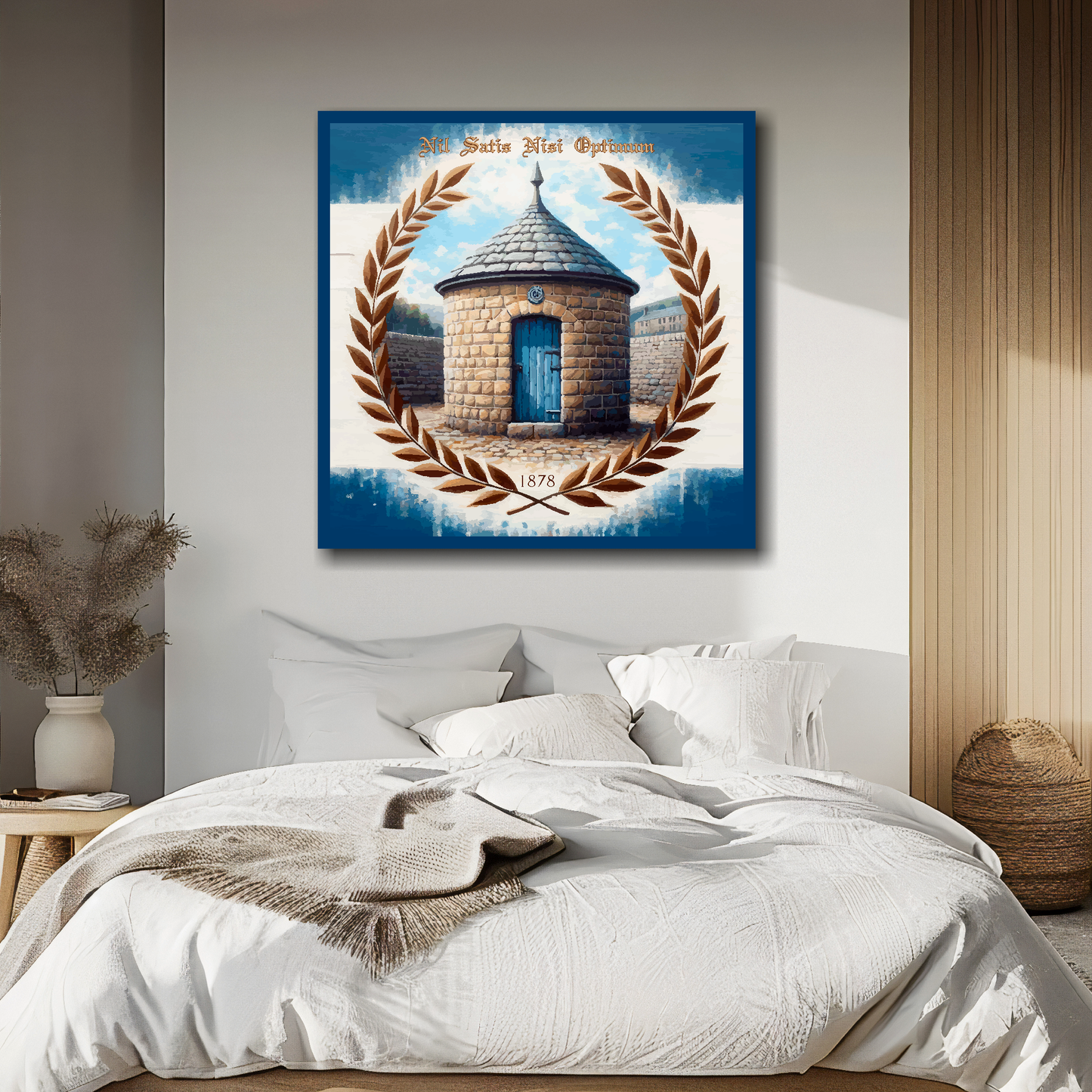 Everton FC inspired canvas, mounted on a bedroom wall above a double bed, featuring prince Ruperts tower and Laurel wreath in club colours.