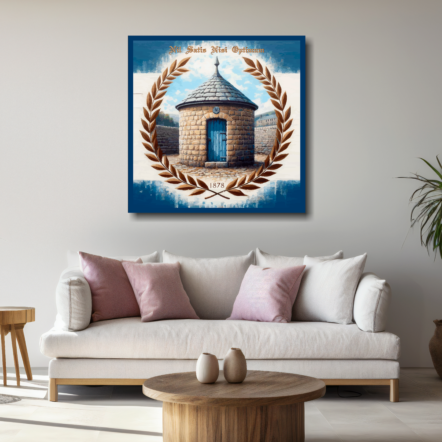 Everton FC inspired canvas, mounted on a living room wall above a white sofa, featuring prince Ruperts tower and Laurel wreath in club colours.