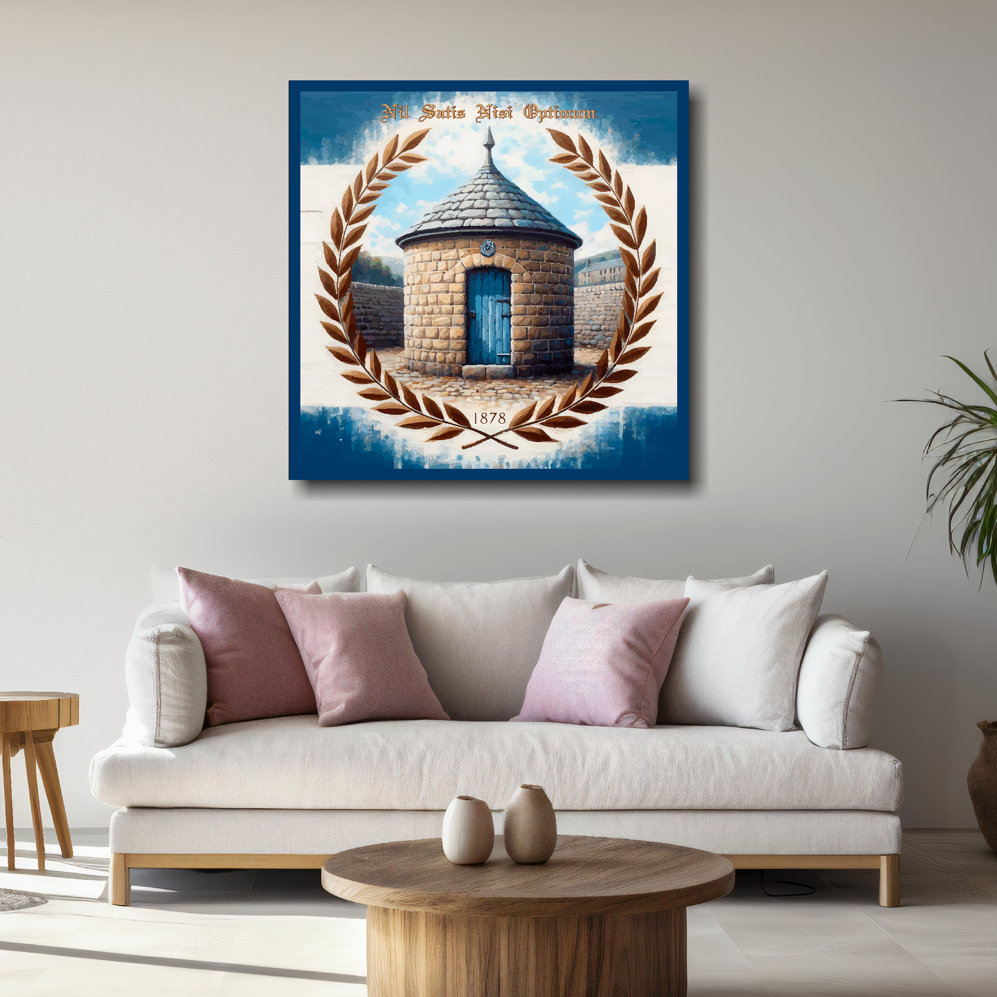 Everton FC inspired canvas, mounted on a living room wall above a white sofa, featuring prince Ruperts tower and Laurel wreath in club colours.