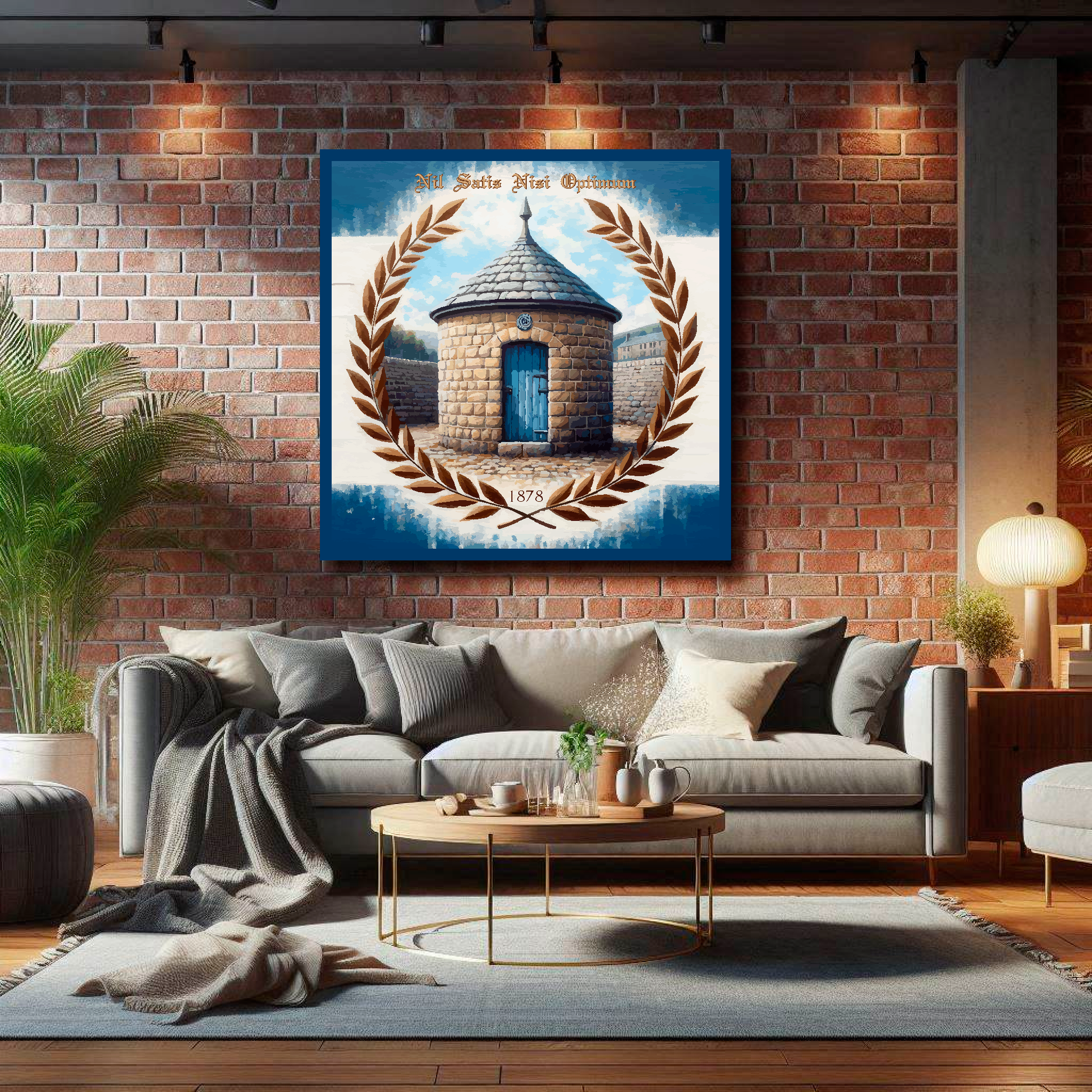 Everton FC inspired canvas, mounted on a living room wall above a grey sofa, featuring prince Ruperts tower and Laurel wreath in club colours.