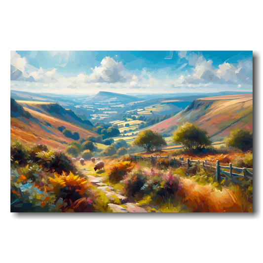 Painting of a rural landscape with hills, fields, and a fence.