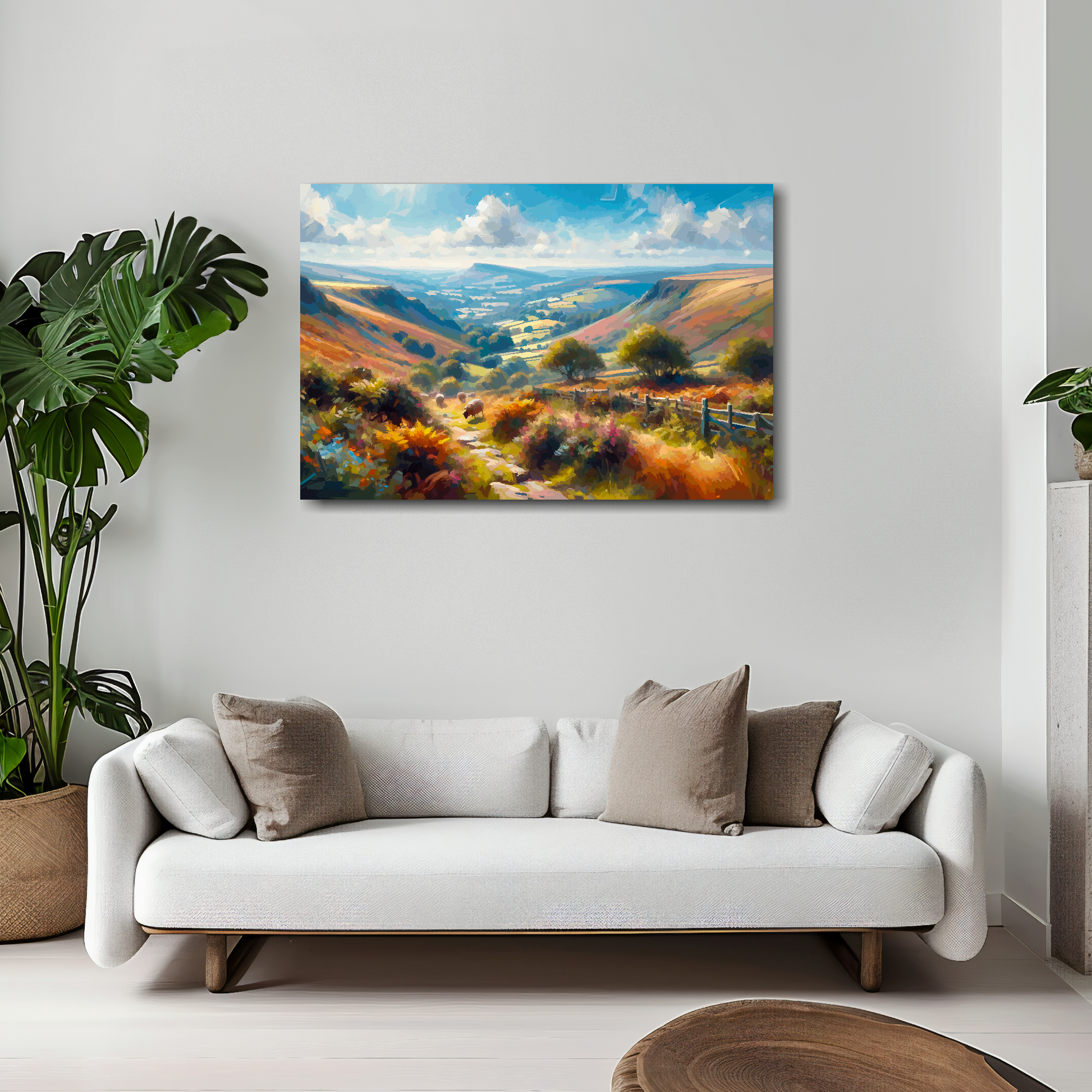 30 inch by 20 inch abstract canvas print of the Exmoor landscape. Mounted on a white wall above a white sofa with decorative pillows.
