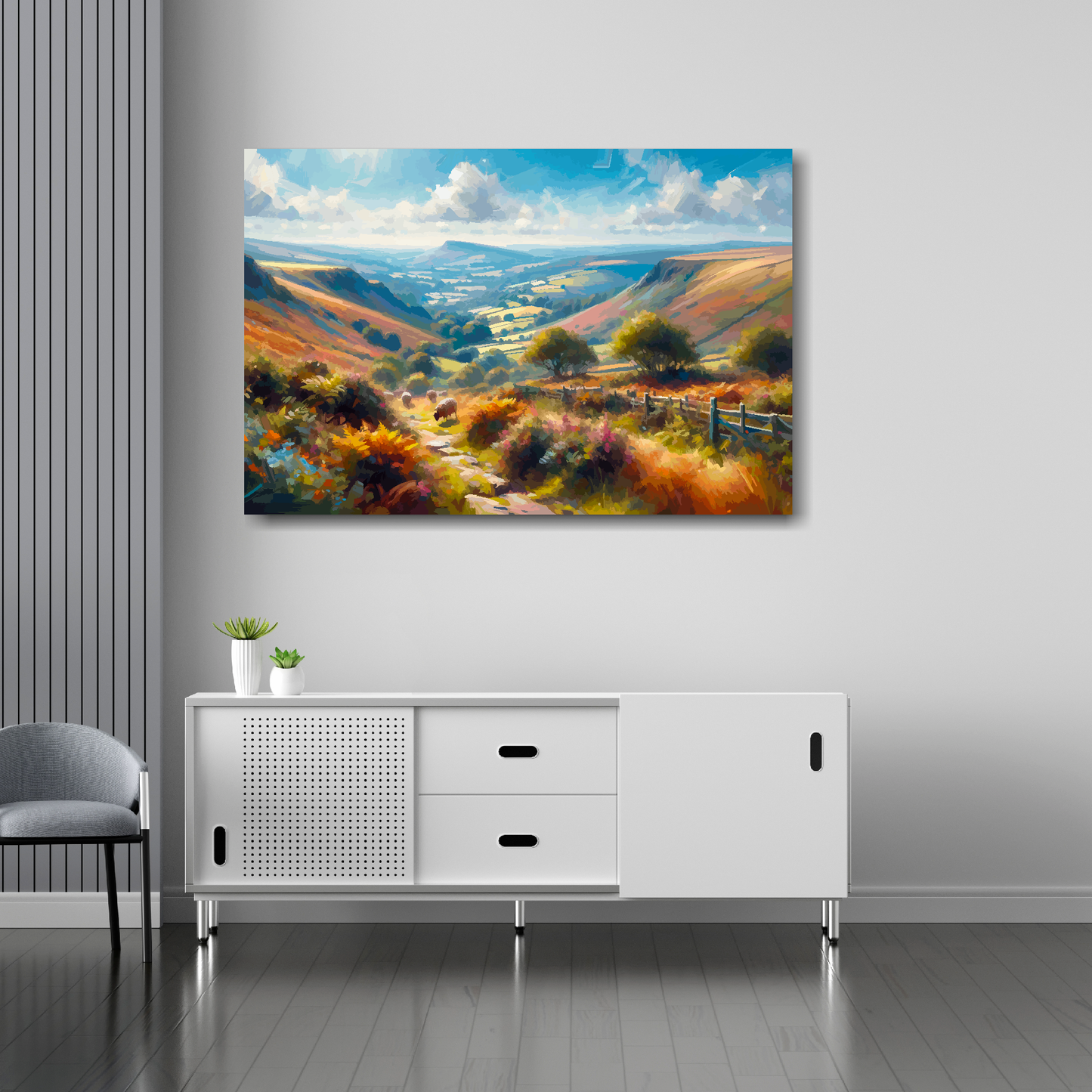 36 inch by 24 inch abstract canvas print of the Exmoor landscape. Mounted on a white wall above a white sideboard.