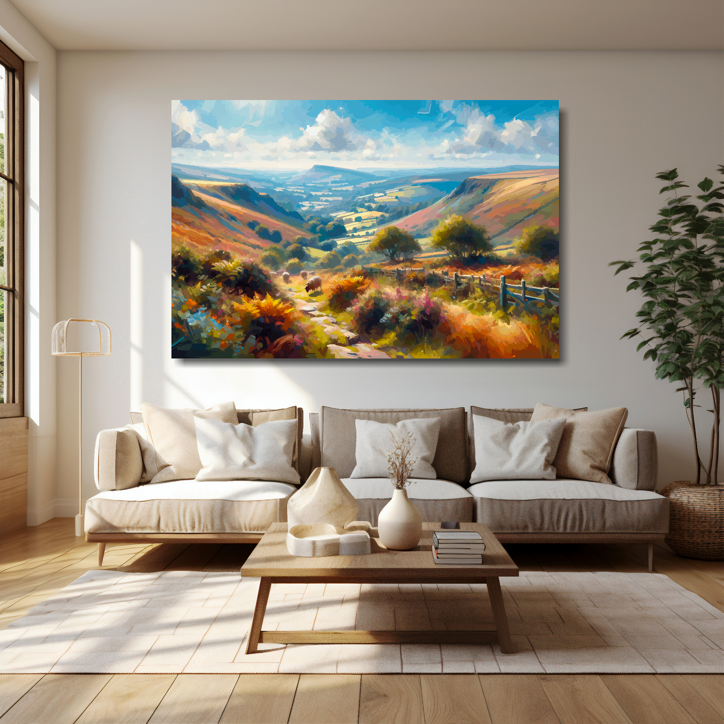 60 inch by 40 inch abstract canvas print of the Exmoor landscape. Mounted on a cream wall above a cream sofa with decorative pillows.