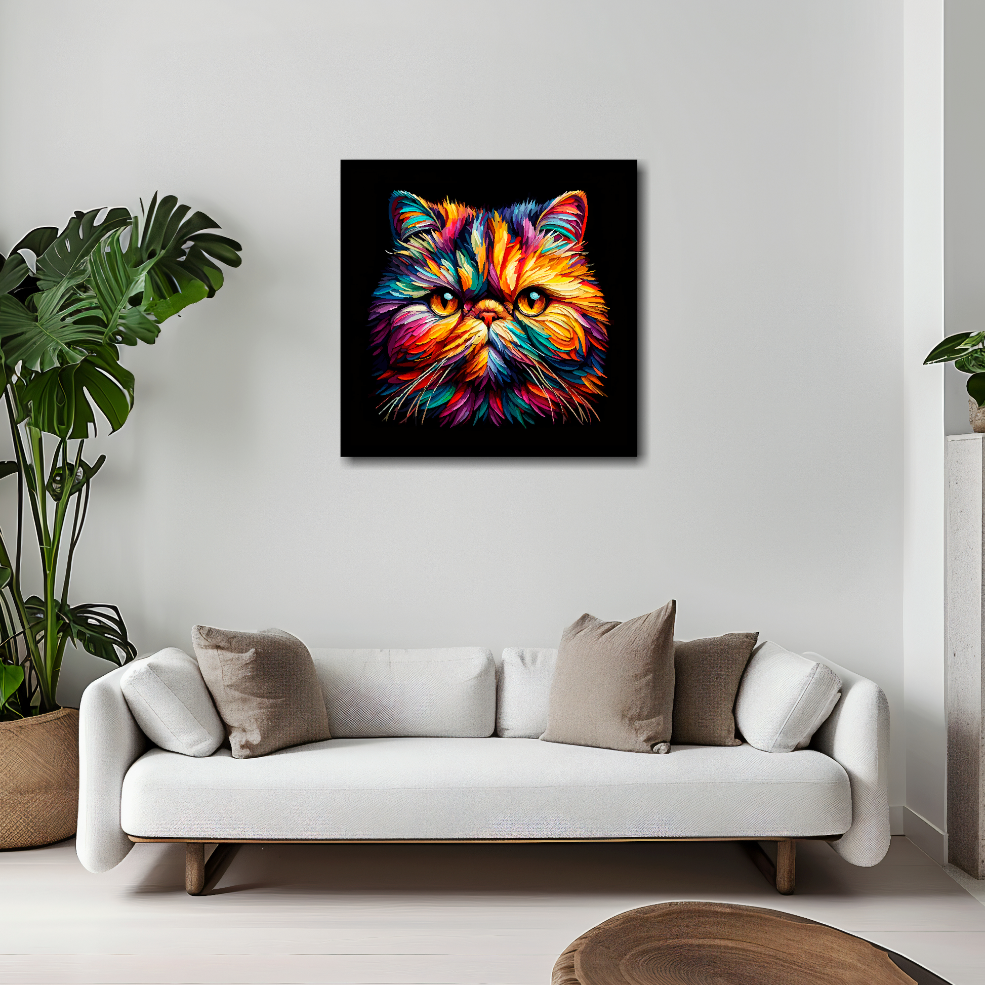 20 inch by 20 inch square canvas of a colourful Exotic Shorthair cat head portrait on a black background. Mounted on a white wall above a white sofa with decorative pillows.