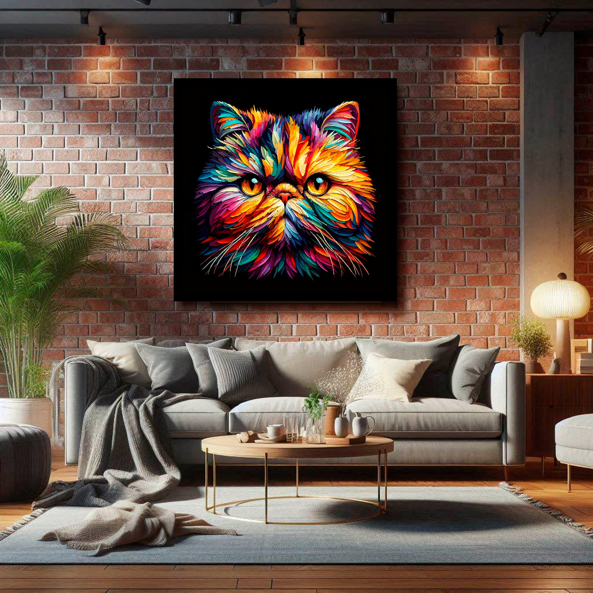 Large canvas wall art - A vibrant multi-coloured head portrait of a Exotic Shorthair Cat. Available in 3 large sizes.