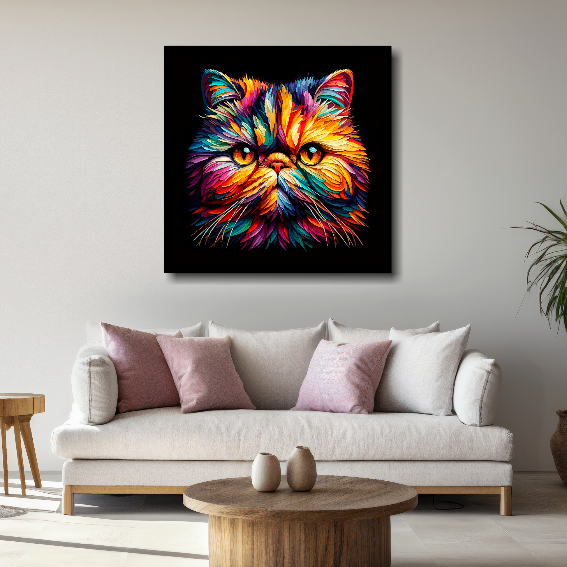 Large canvas wall art - A vibrant multi-coloured head portrait of a Exotic Shorthair Cat. Available in 3 large sizes.