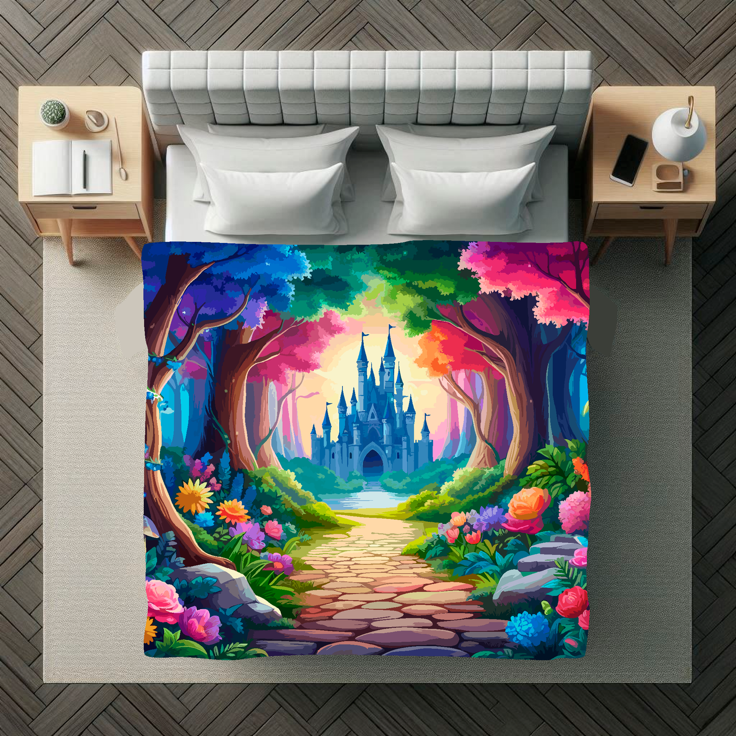 Double bed with a colourful forest and castle design on the bedspread.