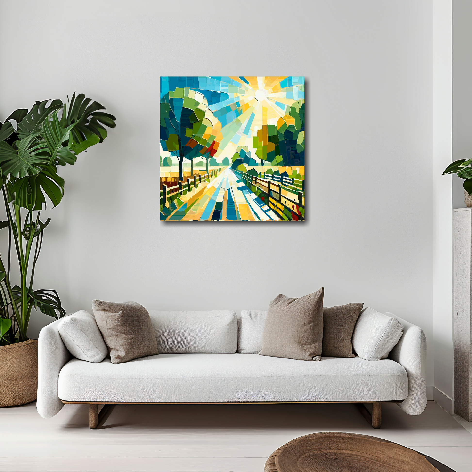20 inch by 20 inch square canvas featuring a English farm drive landscape. Mounted on a white wall above a white sofa with decorative pillows.