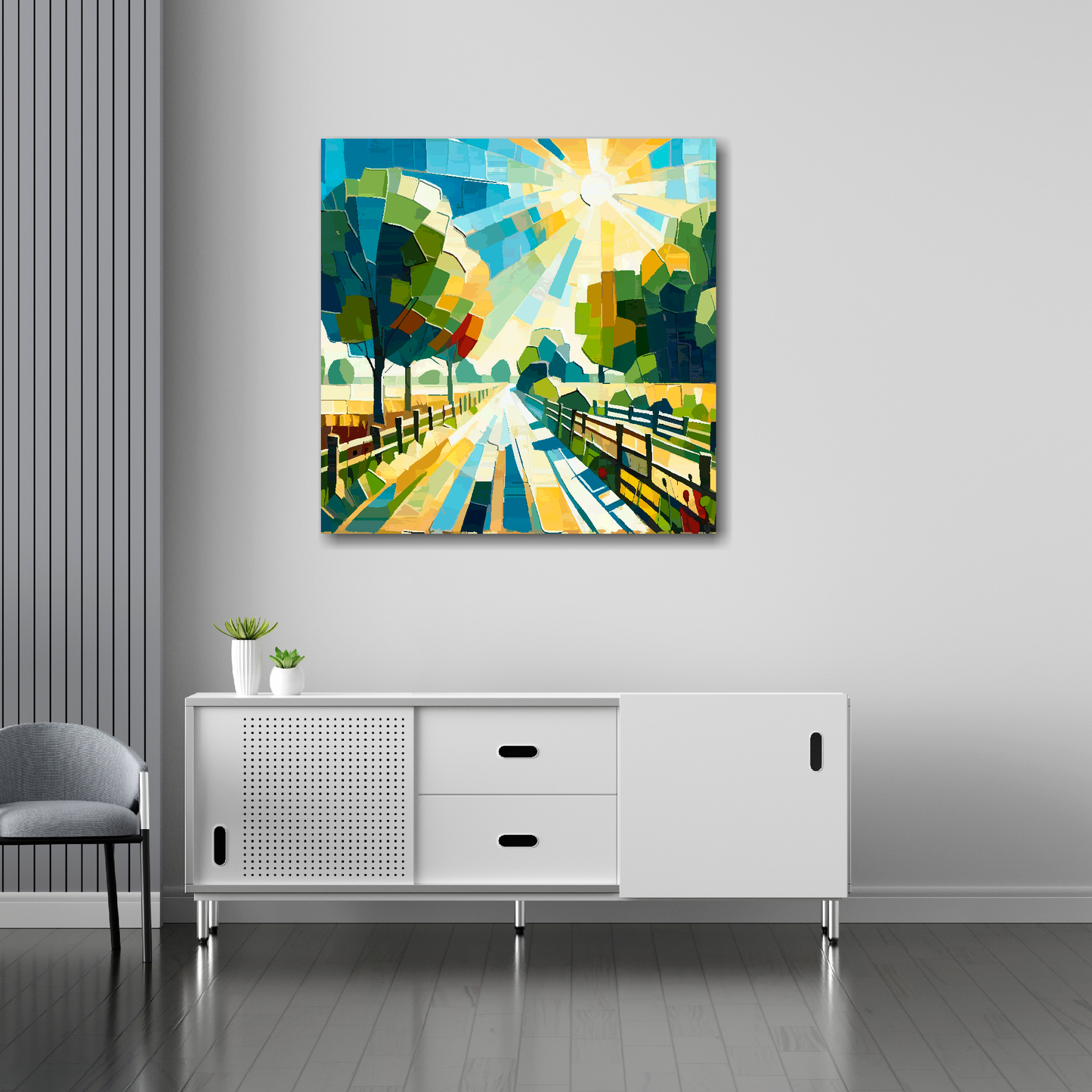 30 inch by 30 inch square canvas featuring a English farm drive landscape. Mounted on a white wall above a white sideboard.